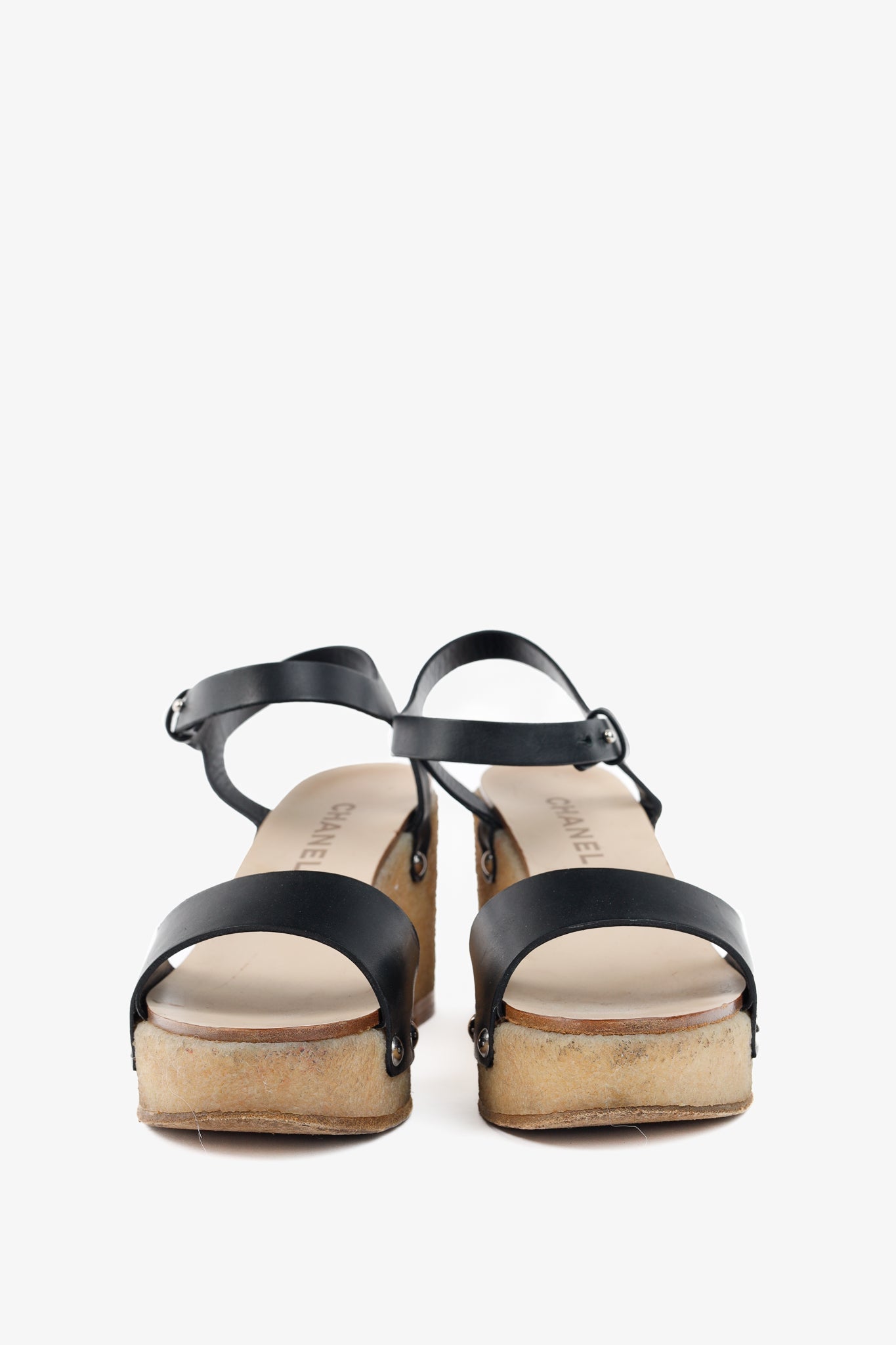 Chanel Black Leather Platform Wedge Sandals for Women