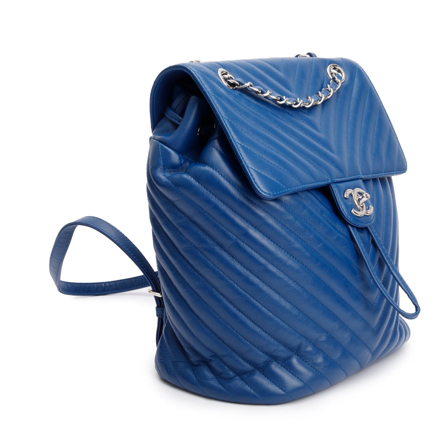 Chanel Chevron Quilted Urban Spirit Backpack Leather Lambskin Blue Travel Bag Authenticity Card