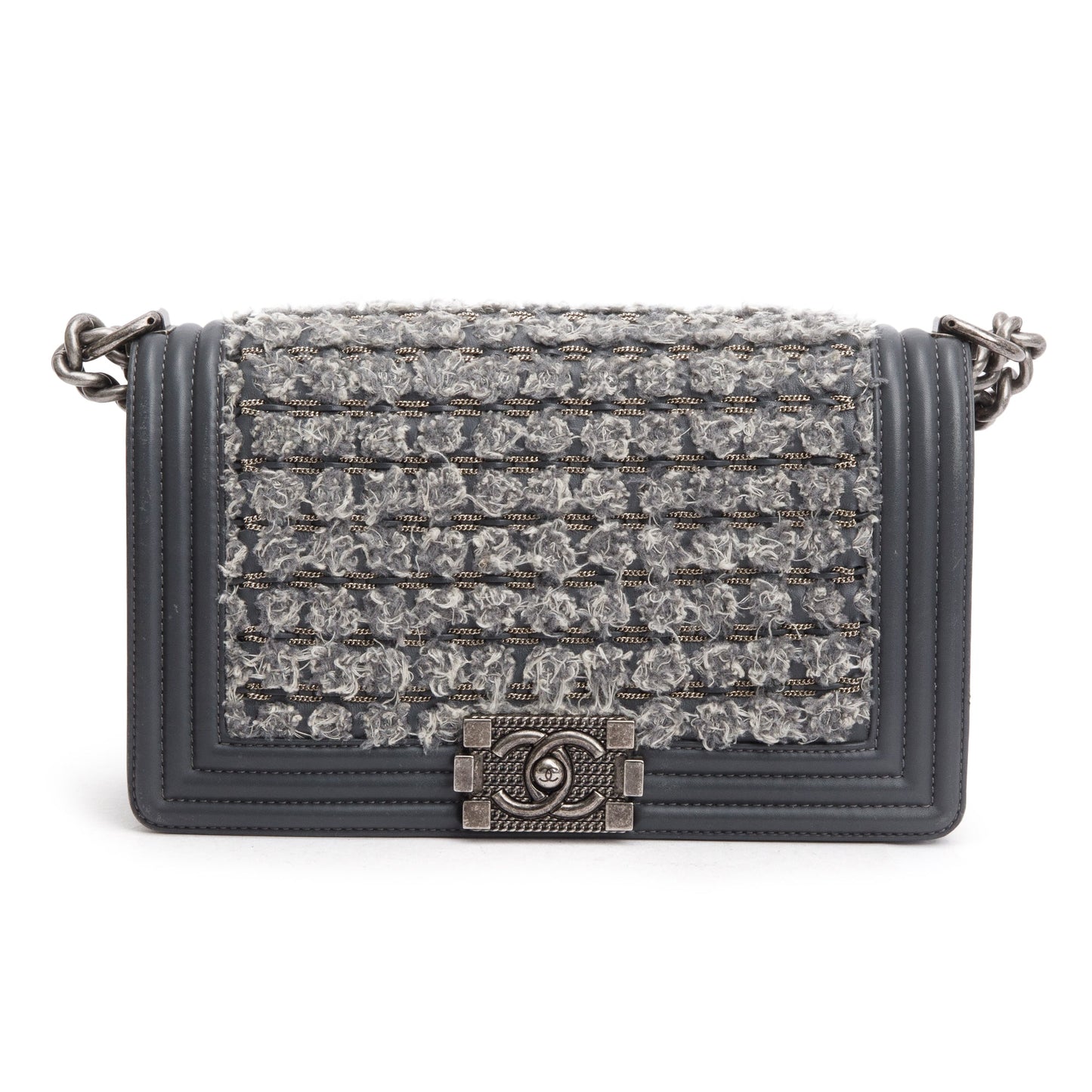Chanel Braided Tweed Old Boy Leather Calfskin Grey Travel Bag