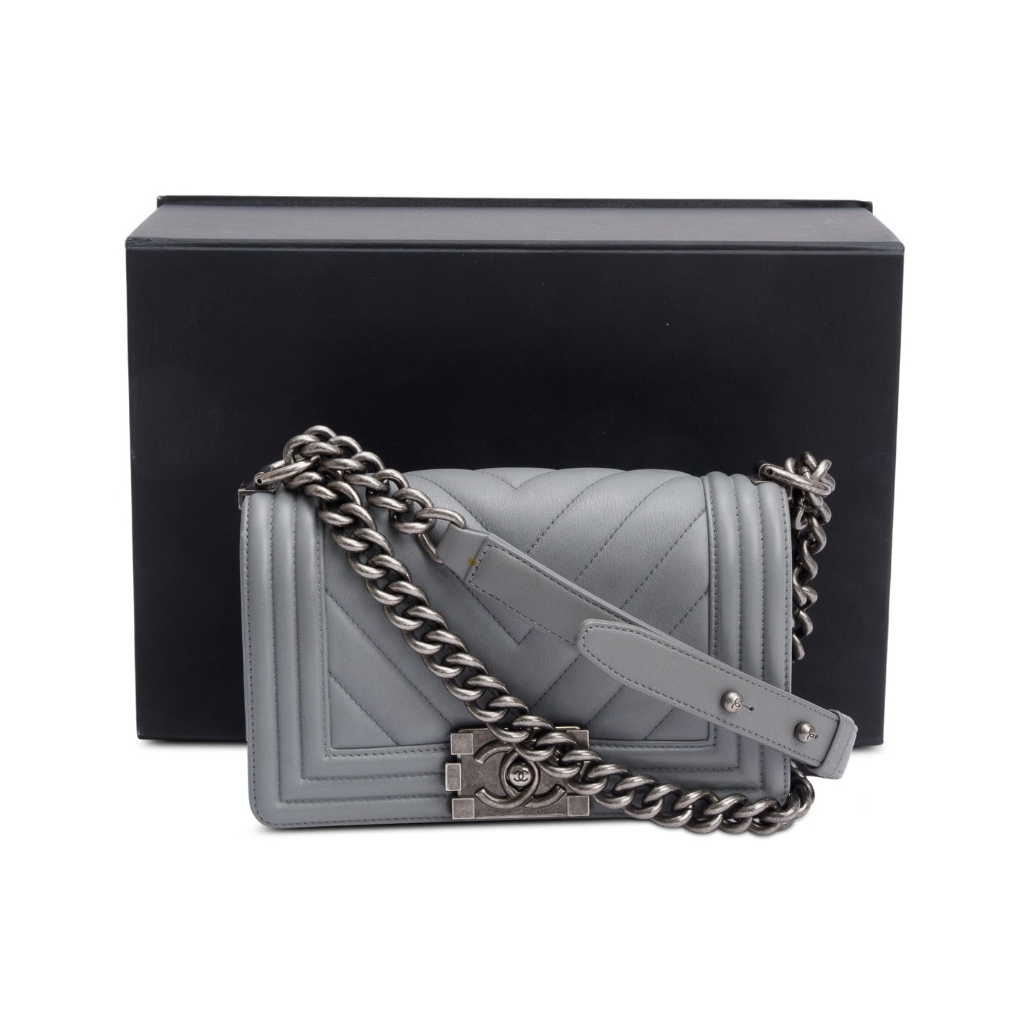 Chanel Chevron Quilted Boy Leather Calfskin Grey Travel Bag