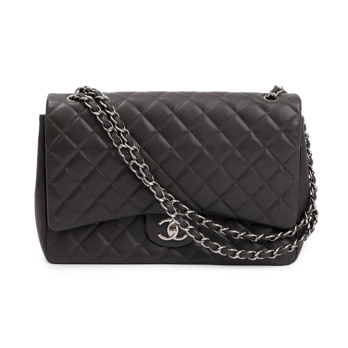 Chanel Quilted Caviar Classic Maxi Double Leather Grey Travel Bag