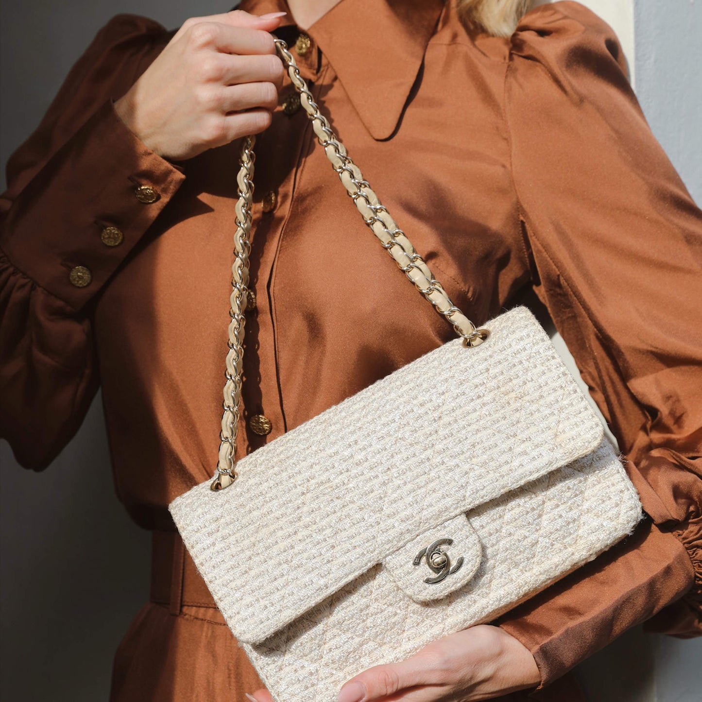 Chanel Classic Double Flap Tweed Ivory Gold Champagne Gold Hardware-Hs Bag
