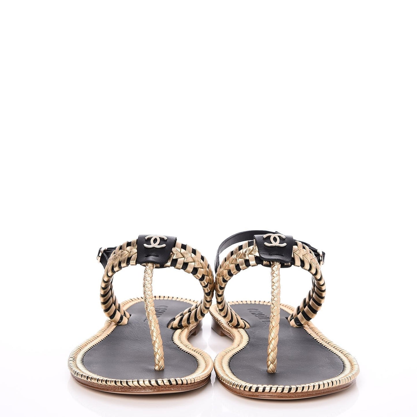 CHANEL Metallic Calfskin Braided Thong Sandals