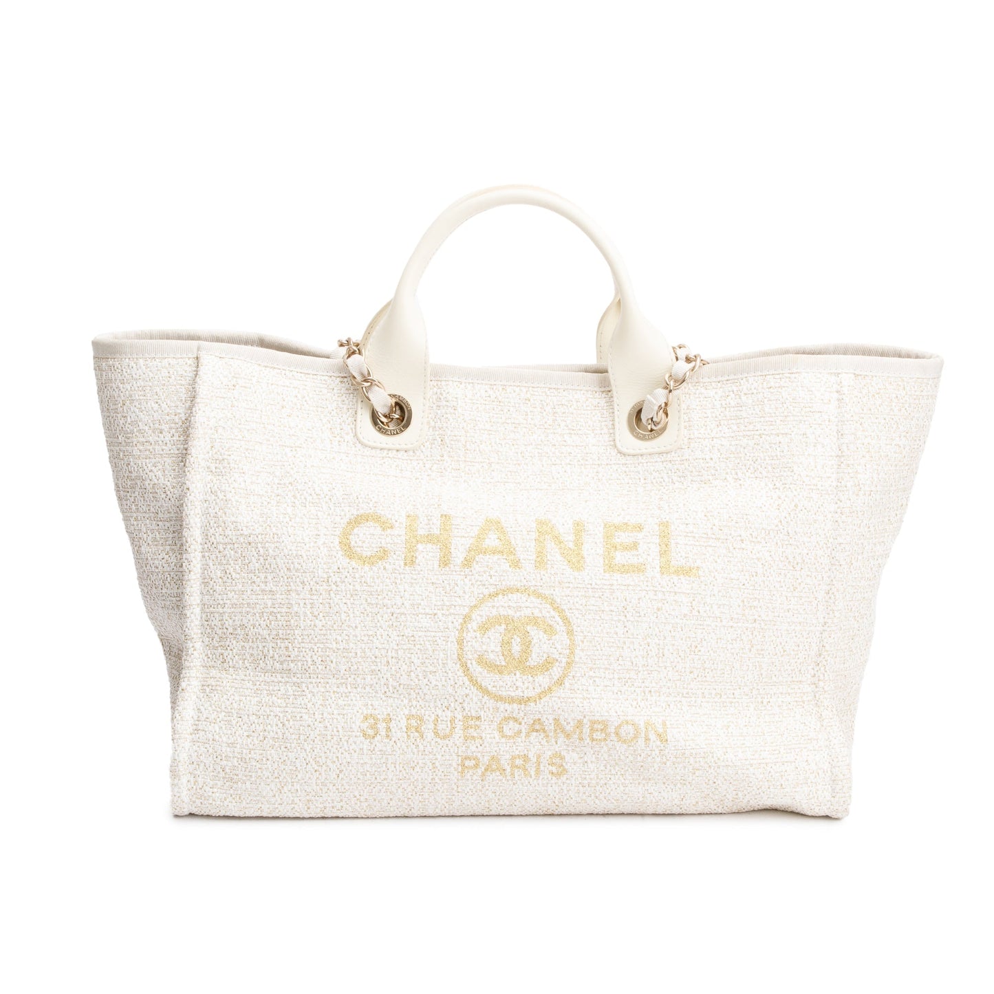 Chanel Neutral Trim Deauville Shopping Canvas Leather Calfskin Travel Bag