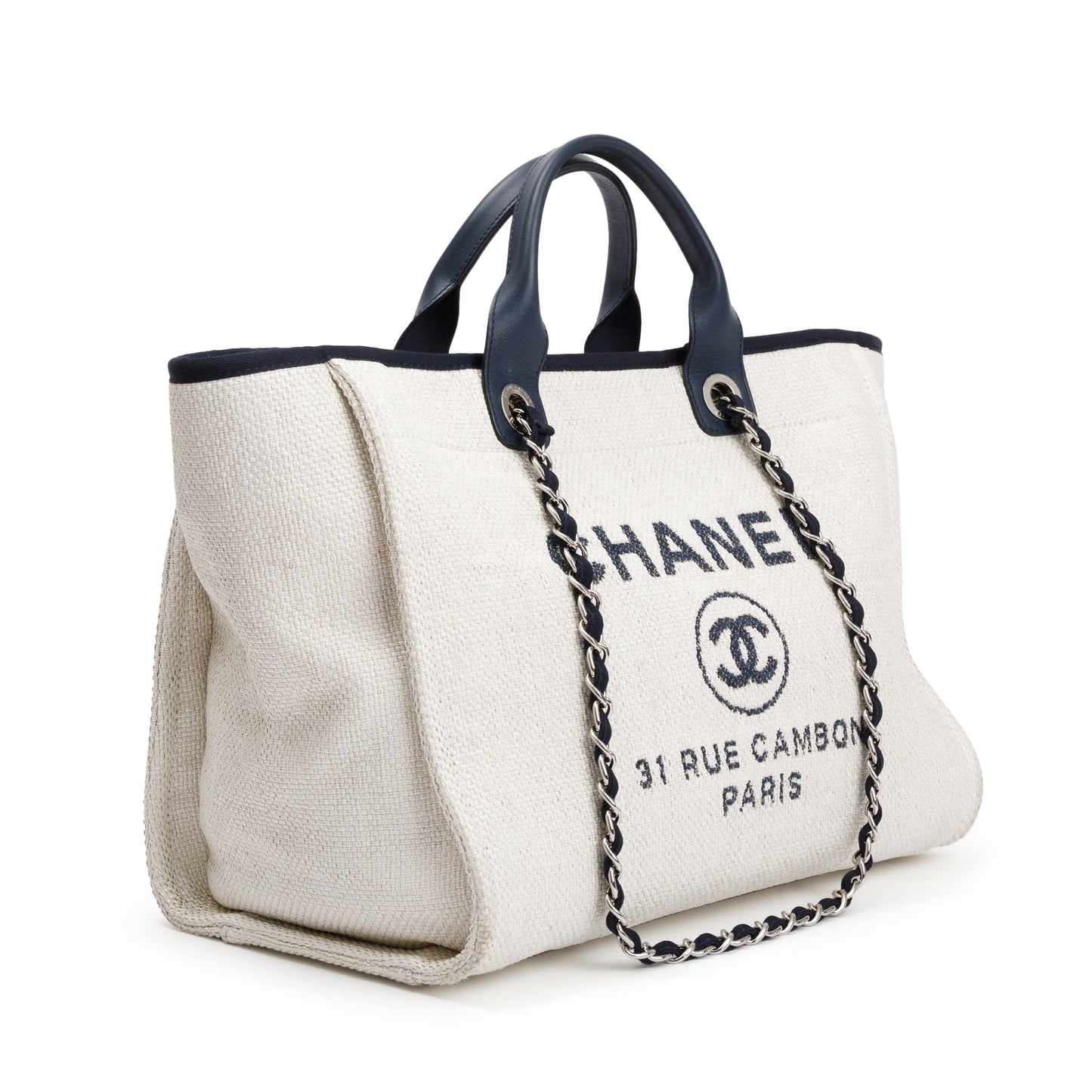Chanel Neutral Navy Deauville Canvas Calfskin Travel Bag