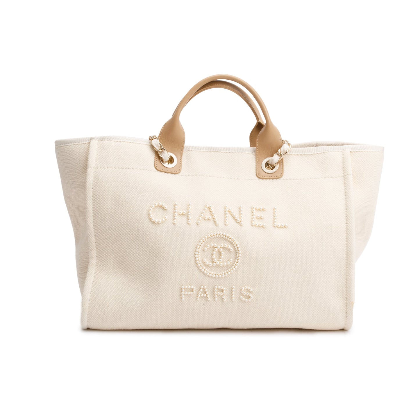Chanel Neutral Tan Pearl Deauville Shopping Canvas Calfskin Travel Bag