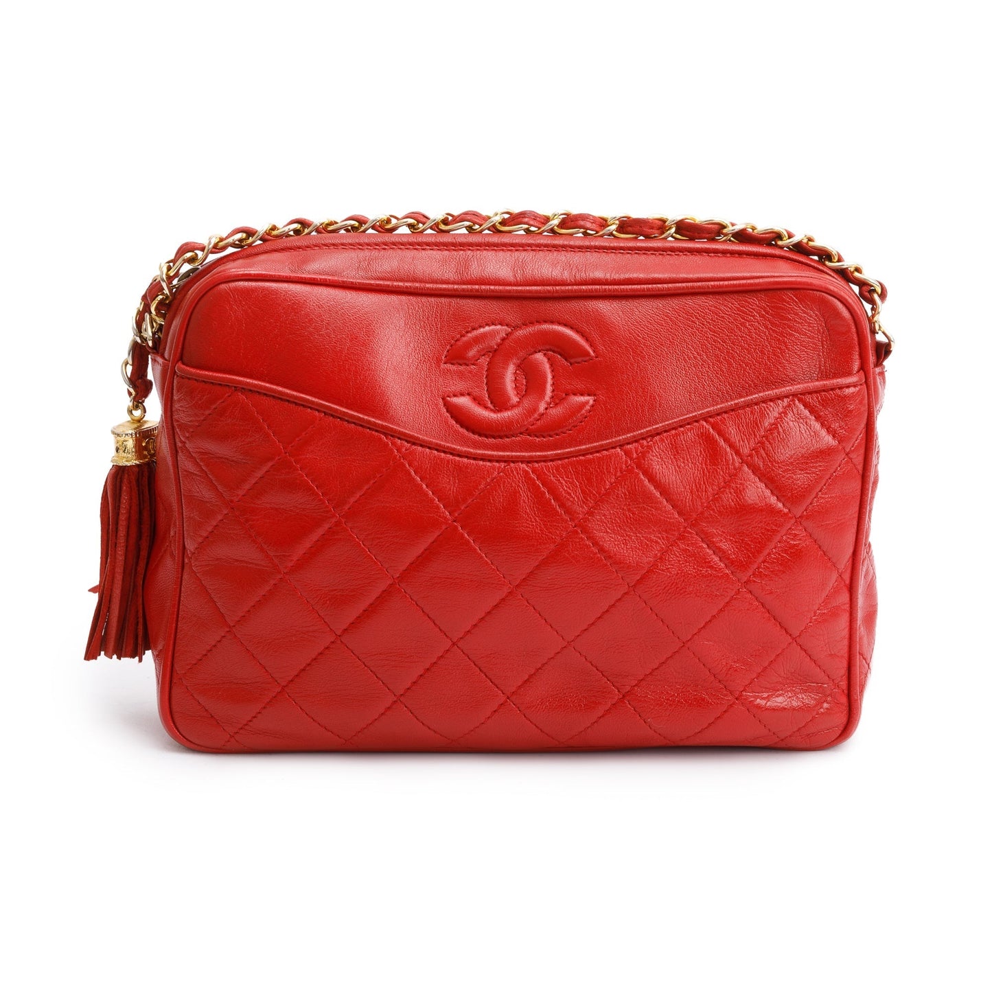 Chanel Quilted CC Tassel Camera Leather Red Travel Bag