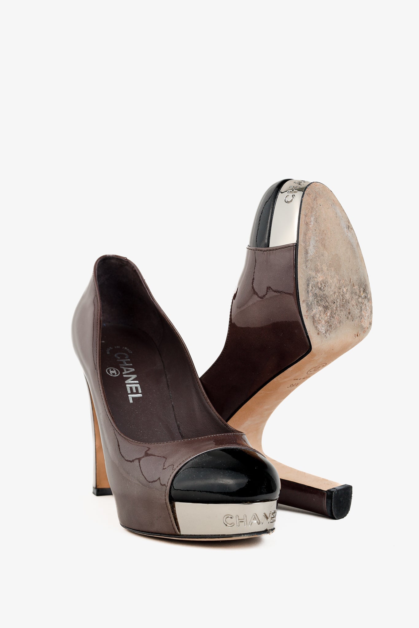 Chanel Brown Patent Leather Platform Pumps