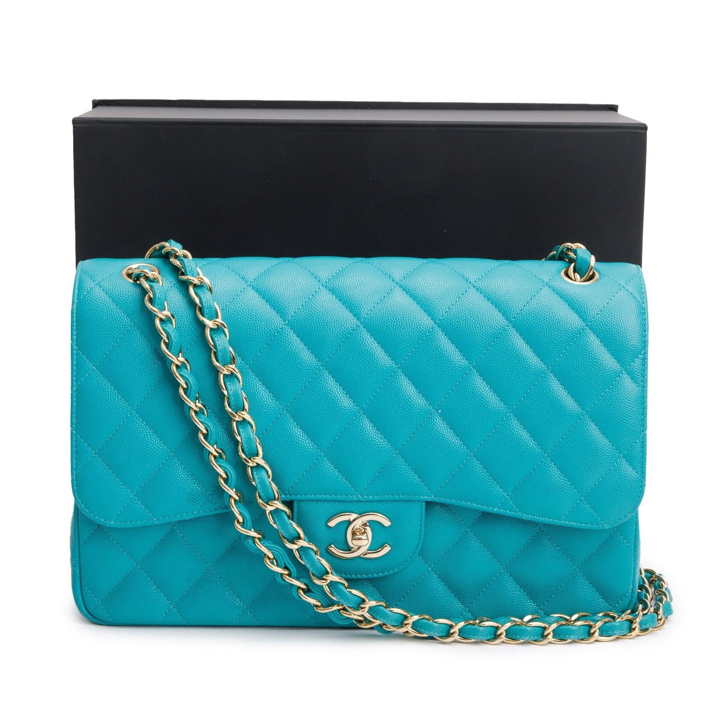 Chanel Turquoise Caviar Classic Jumbo Double Leather Travel Bag