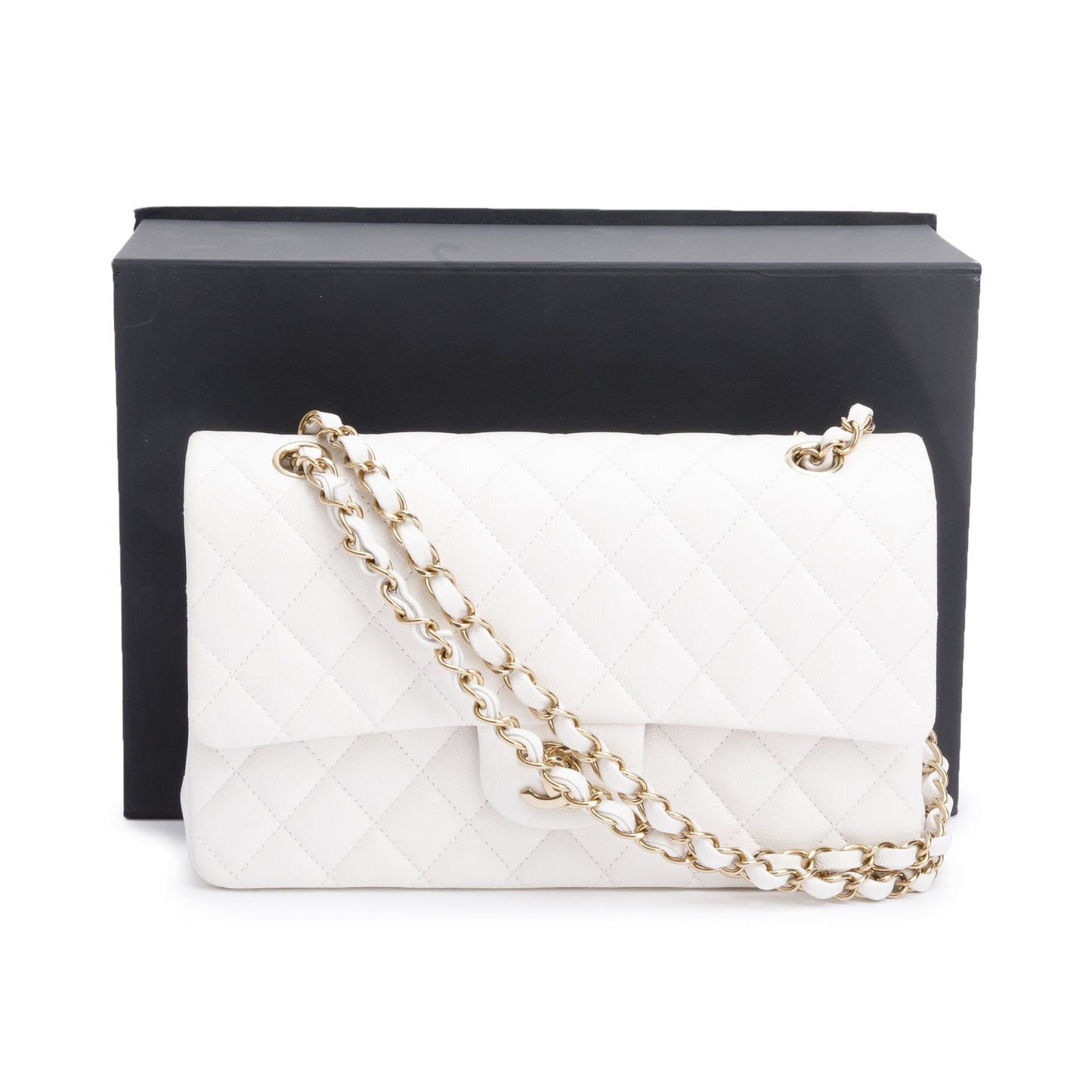 Chanel Quilted Caviar Classic Double Flap Leather White Travel Bag