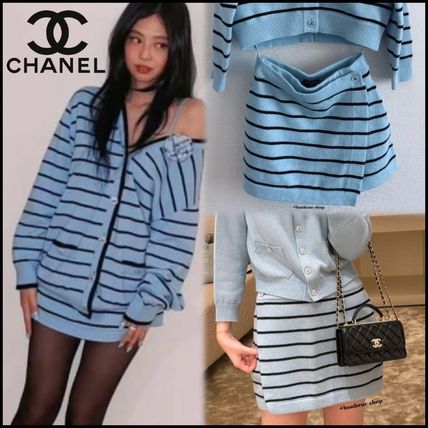 Chanel 25S Baby Blue Knitted Striped Skorts In 100% Cashmere ( ) Bag