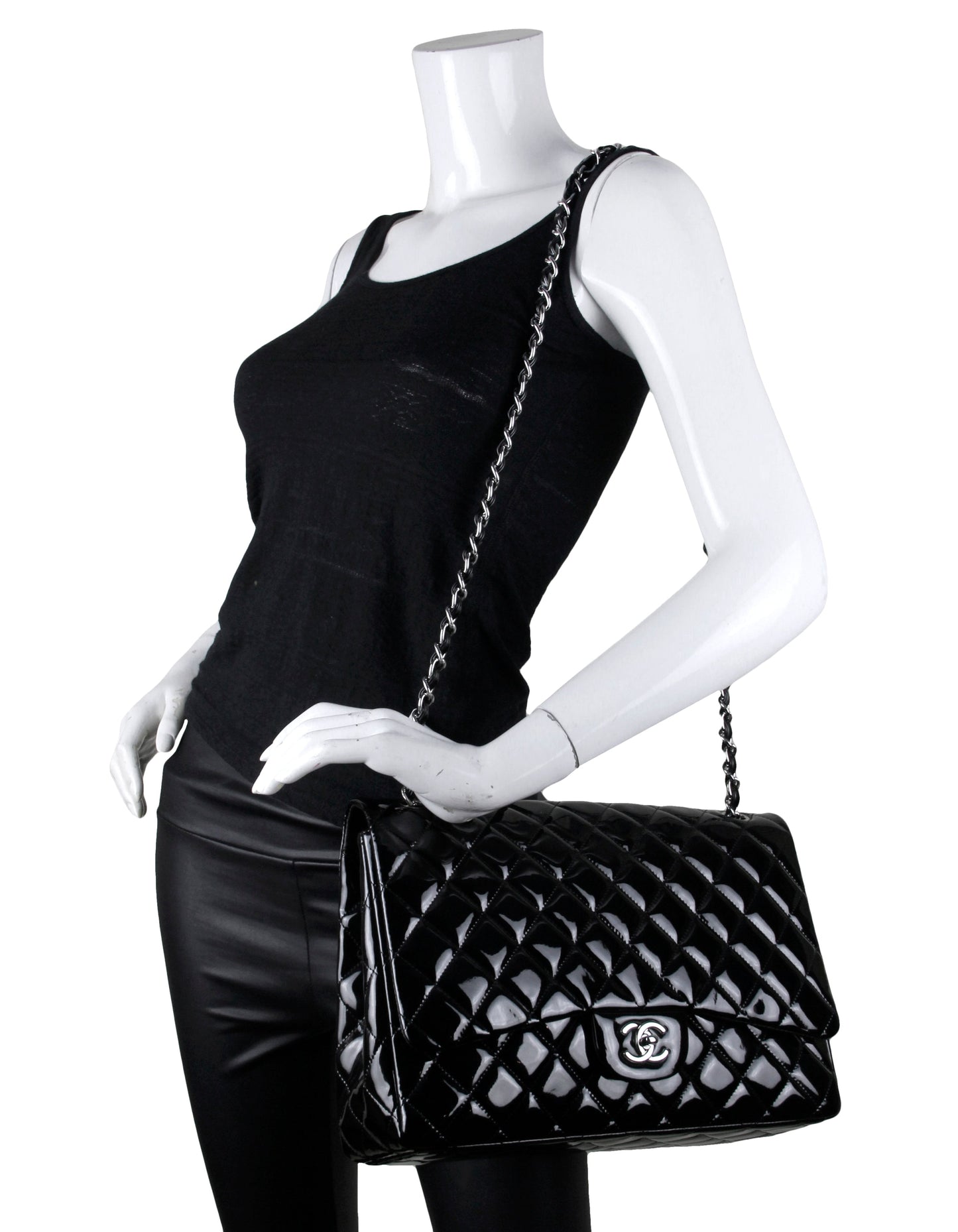 Chanel Black Patent Leather Single Flap Maxi Bag