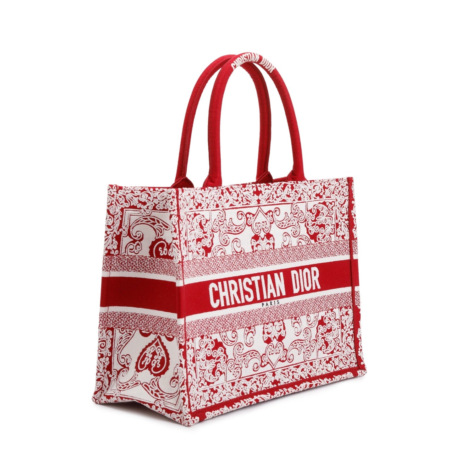 Dior Christian & Bandana Embroidery Book Tote Handbag White Red Tote Bag