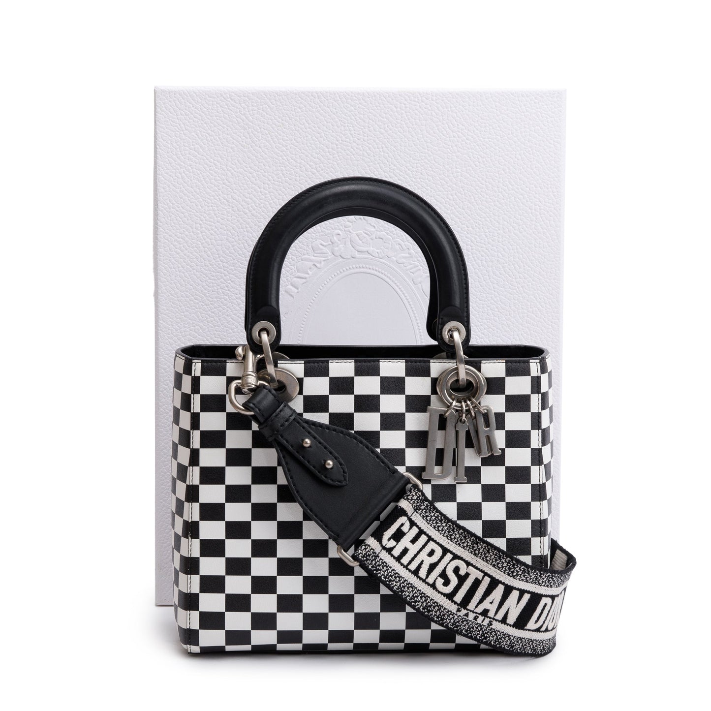 Dior Christian & Check Print Medium Lady Bag Leather Black Travel Bag
