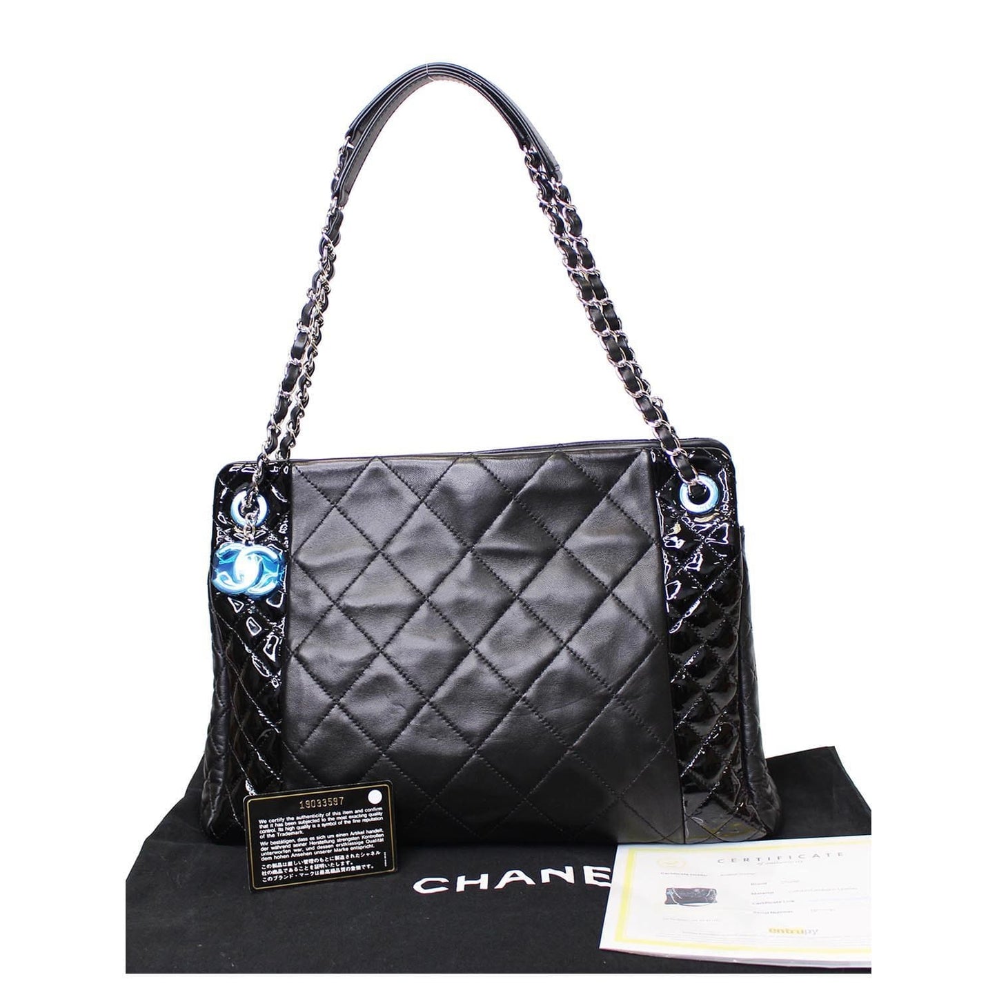 Chanel CC Charm Quilted Patent Leather Lambskin Black Key Chain