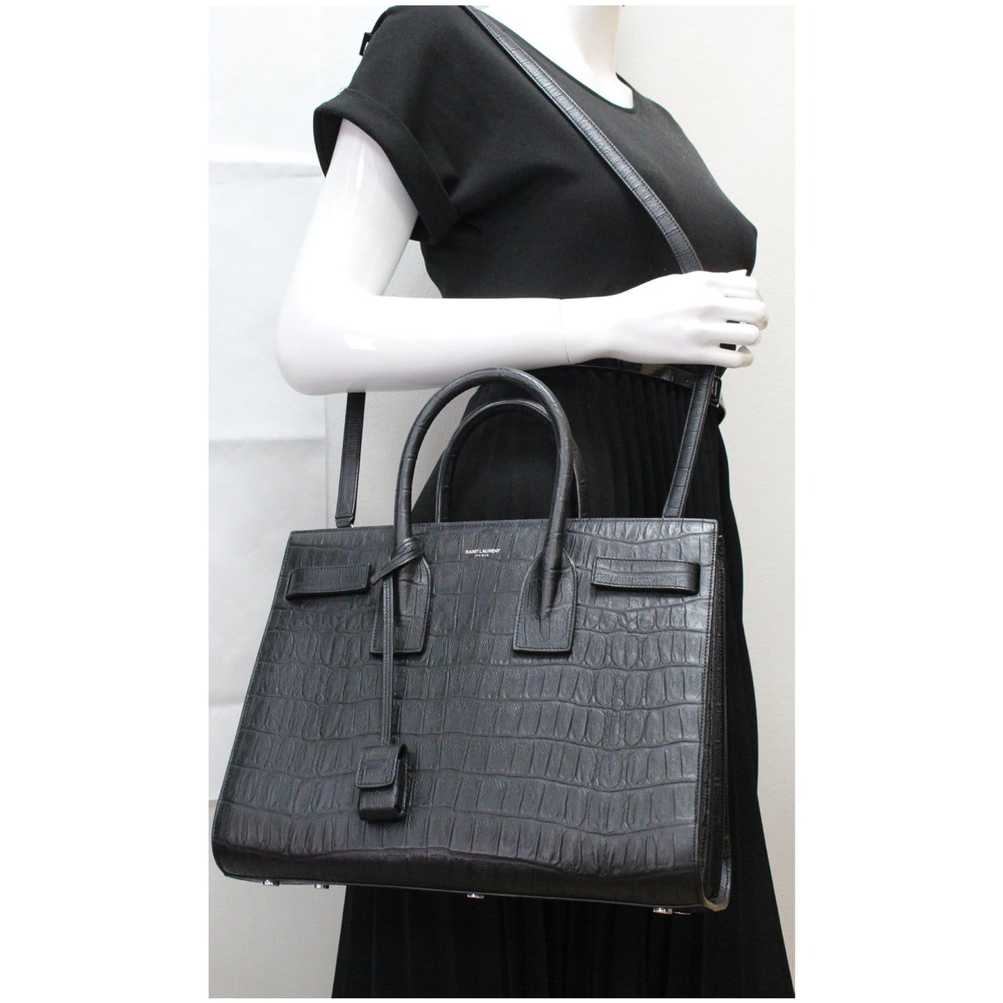 YSL Saint Laurent Saint Sac De Jour Crocodile Embossed Satchel Black Small Travel Bag
