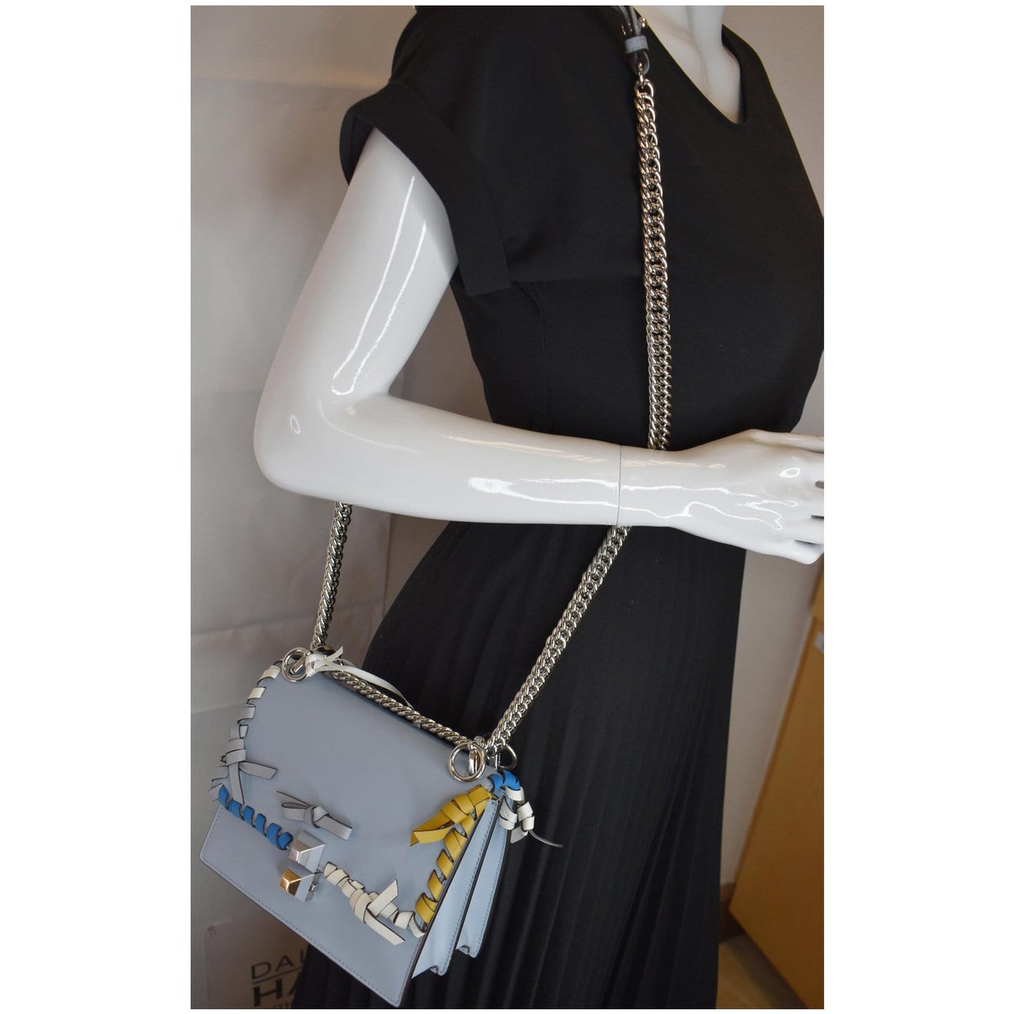 Fendi Vitello Liberty Whipstitch Bow Kan Shoulder Bag Blue Small