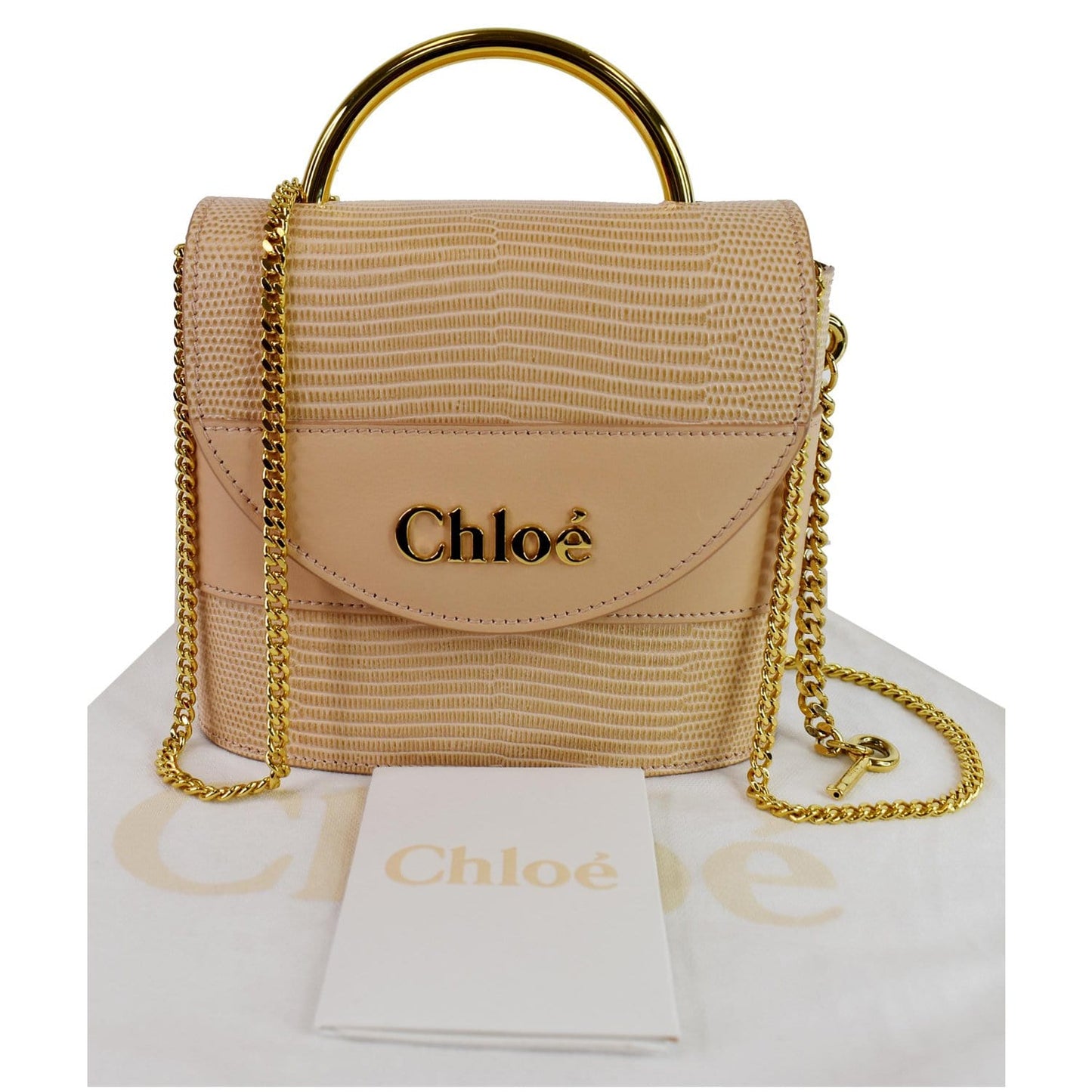 Chloe Aby Lock Embossed Calfskin Chain Shoulder Leather Beige Shoulder Bag