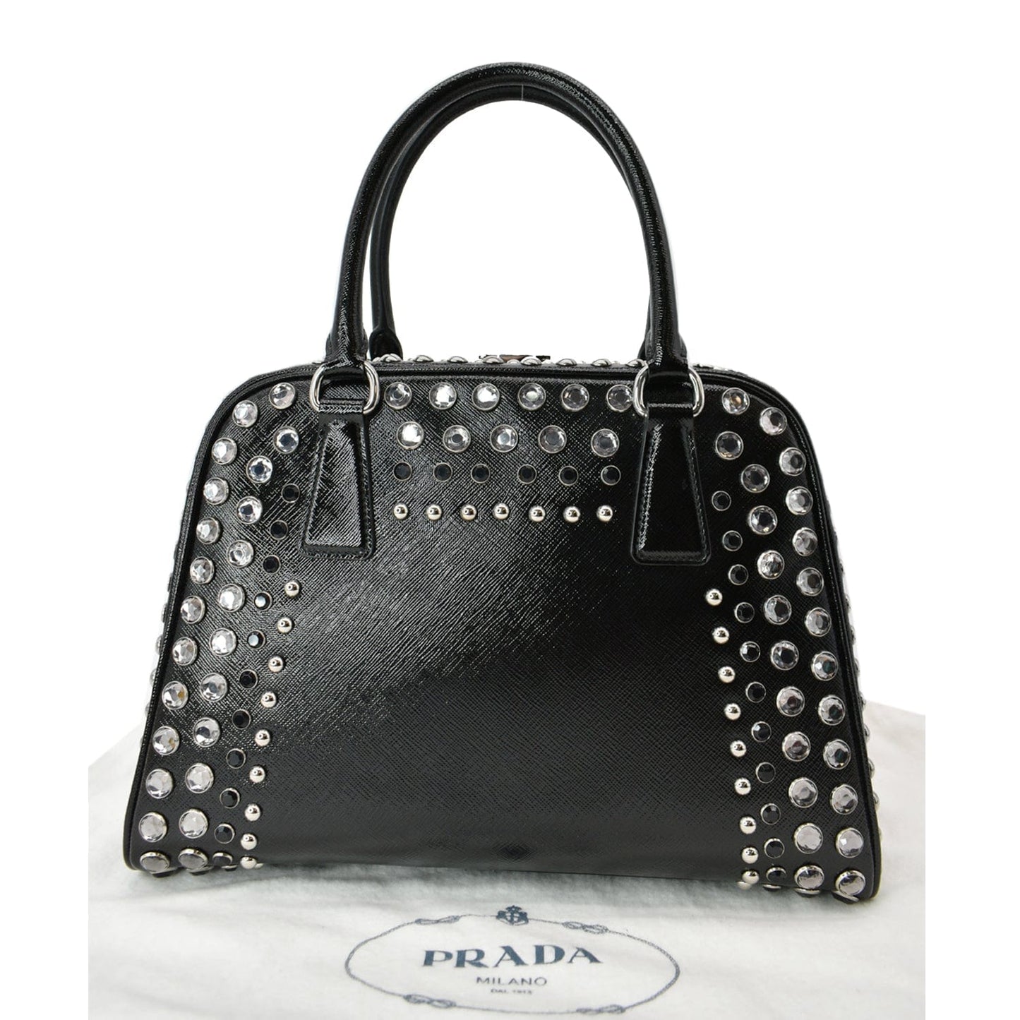 Prada Vernice Crystal Frame Studded Saffiano Top Handle Leather Black Travel Bag
