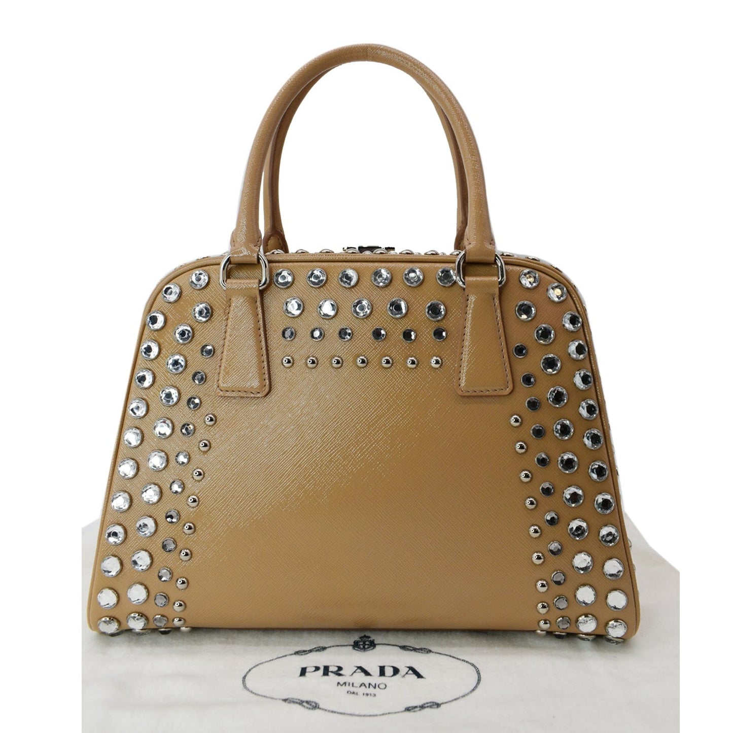Prada Vernice Crystal Frame Studded Saffiano Top Handle Leather Beige Travel Bag
