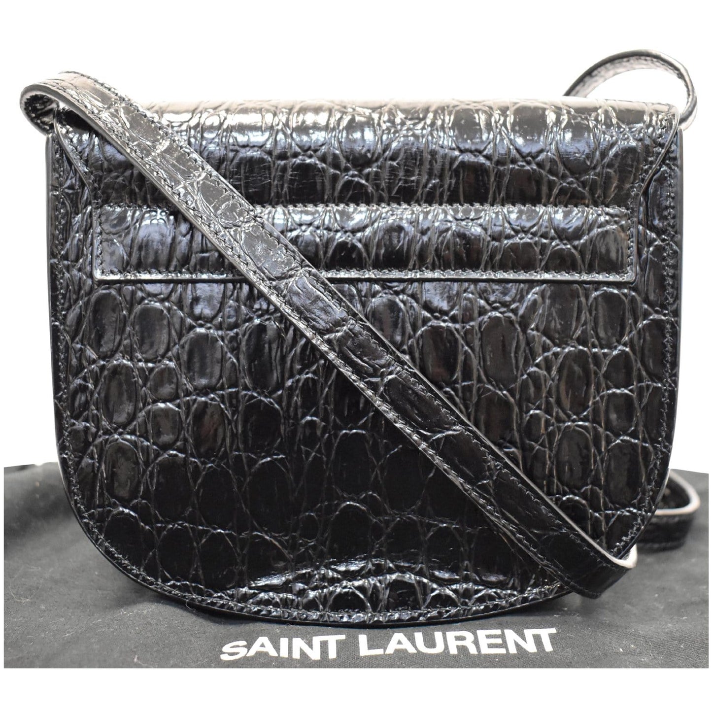 YSL Saint Laurent Saint Kaia Crocodile Embossed Satchel Bag Leather Black Travel Bag