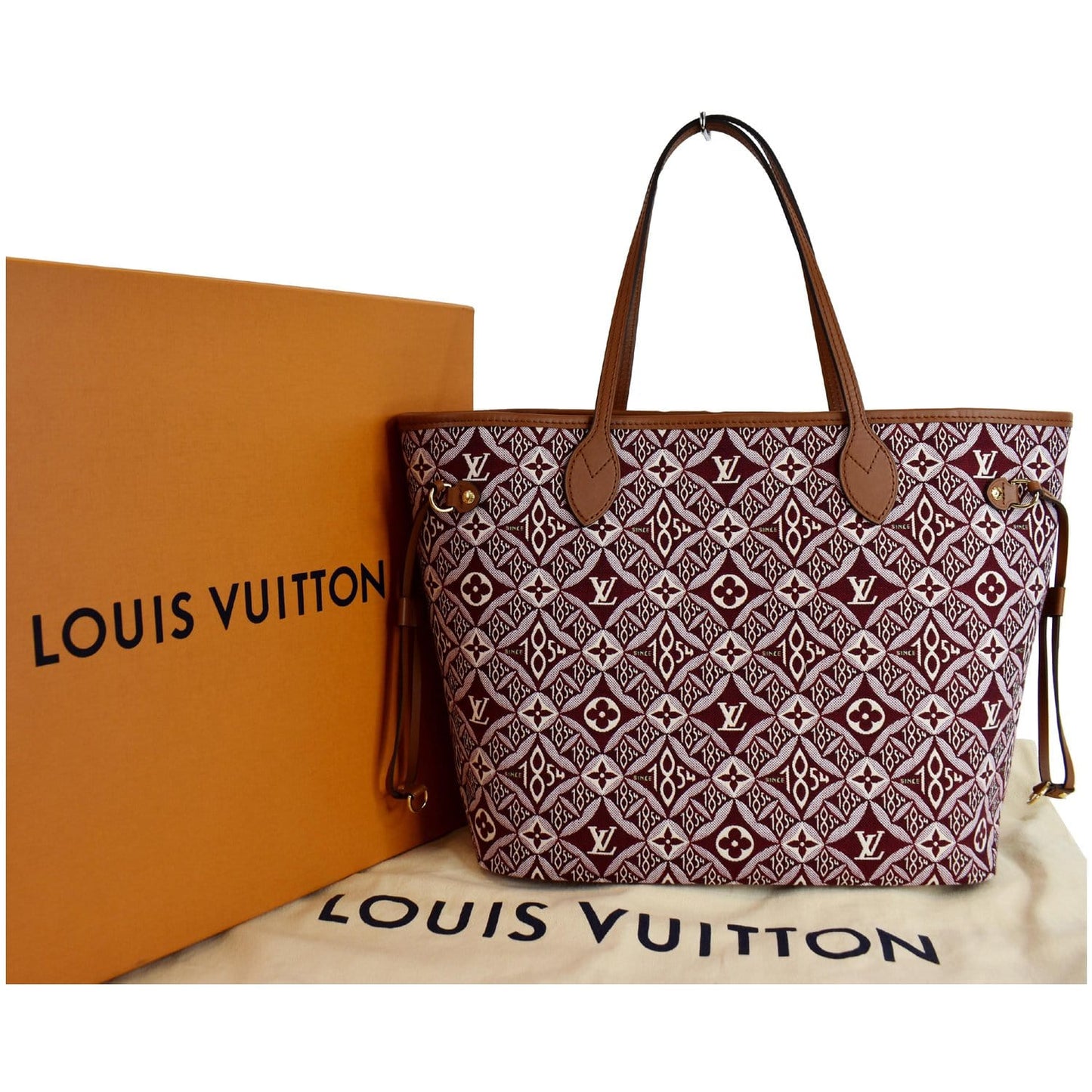 Louis Neverfull Mm Since Jacquard Shoulder Bag Red Bordeaux Red