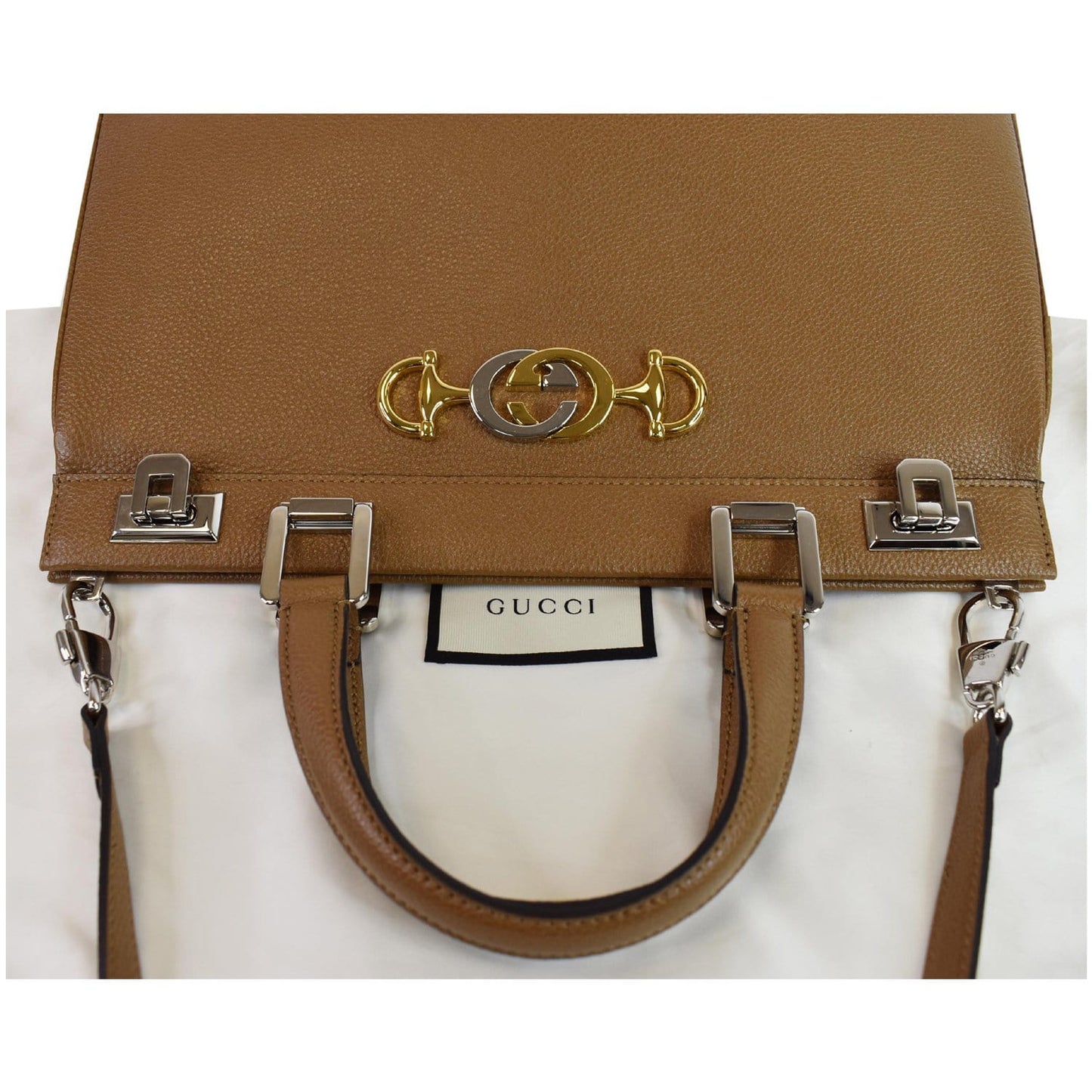 Gucci Zumi Grainy Top Handle Bag Taupe Leather Medium Shoulder Bag