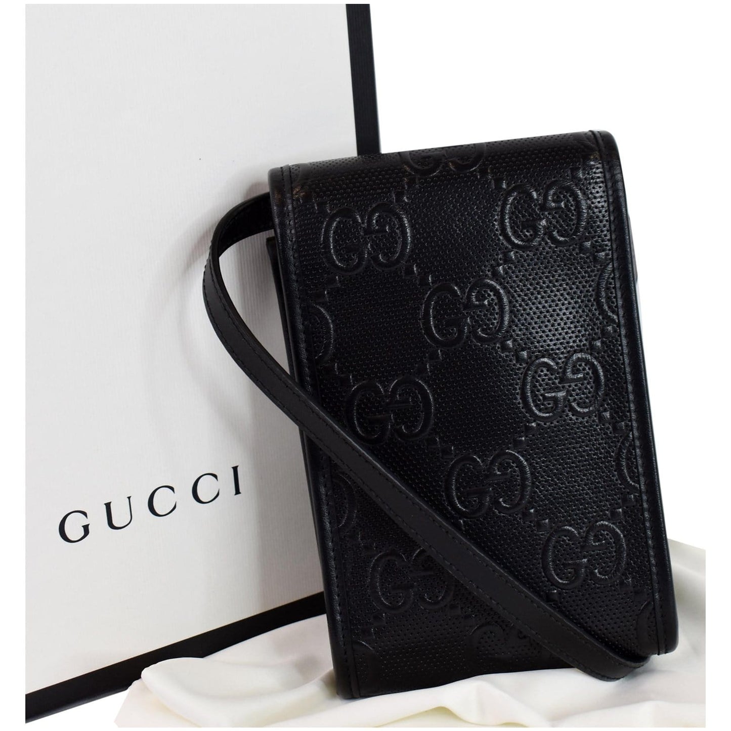 Gucci Embossed Messenger Bag Leather Black Crossbody Bag