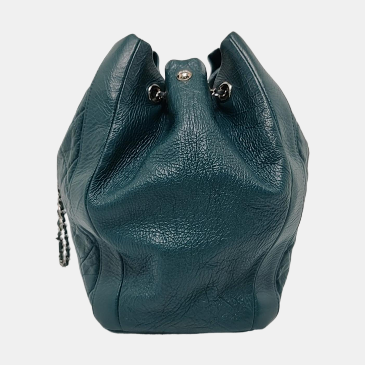 Chanel Gabrielle Drawstring Bucket Dark Calfskin Hardware Green Silver Leather Jewelry