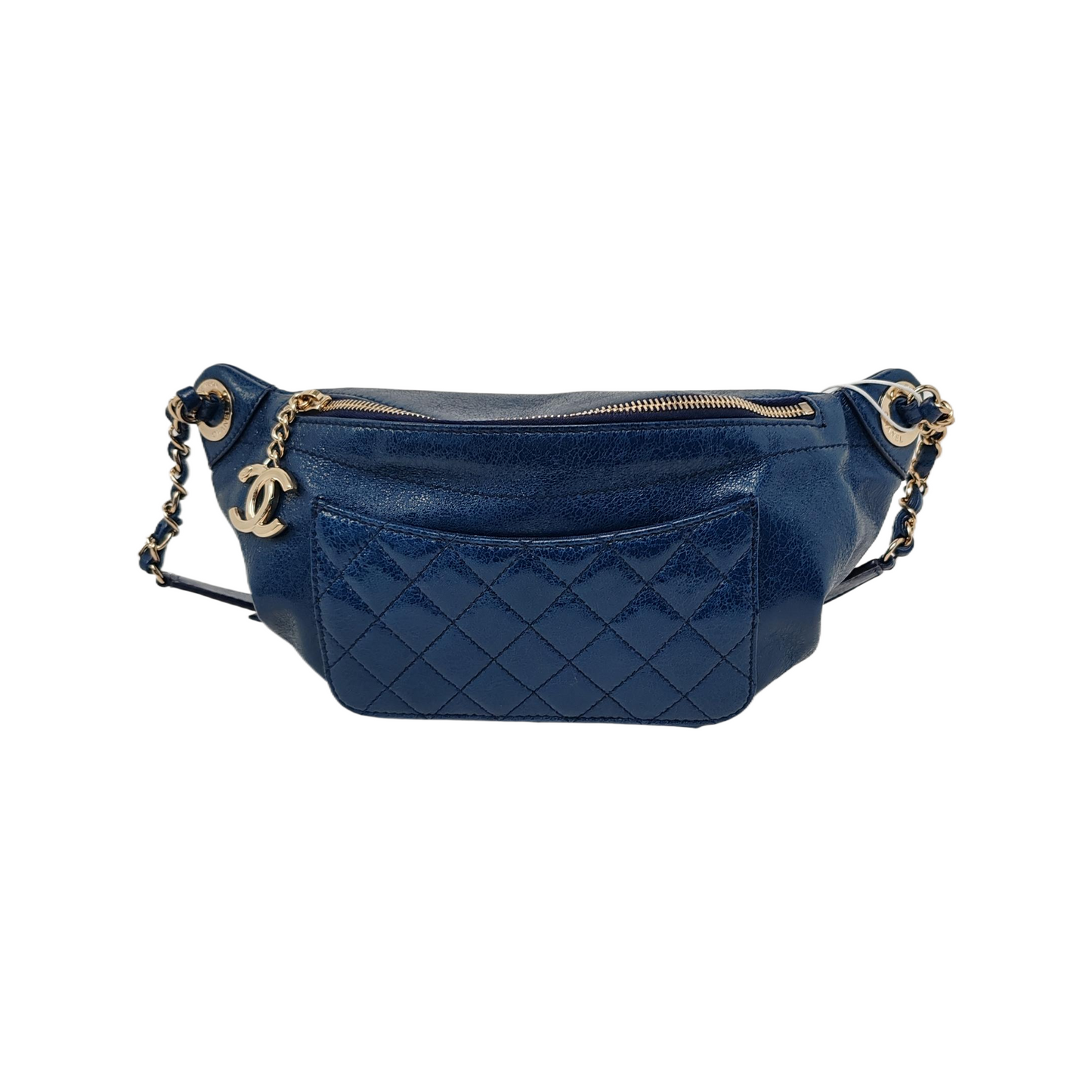 Chanel Belt Navy Shiny Calfskin Skin -tone Gold Leather