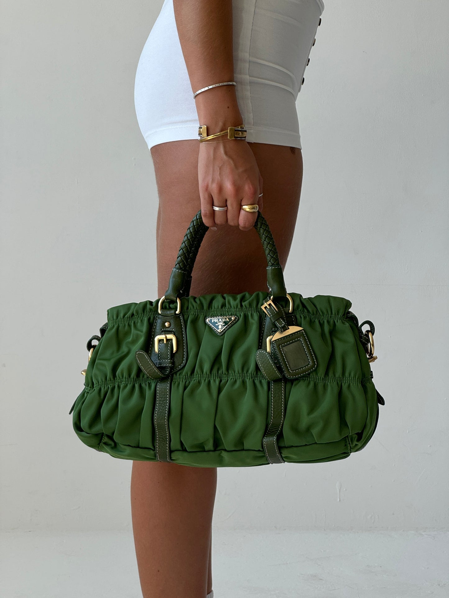 Prada Satchel Bag Tessuto Gaufre with extension strap Green