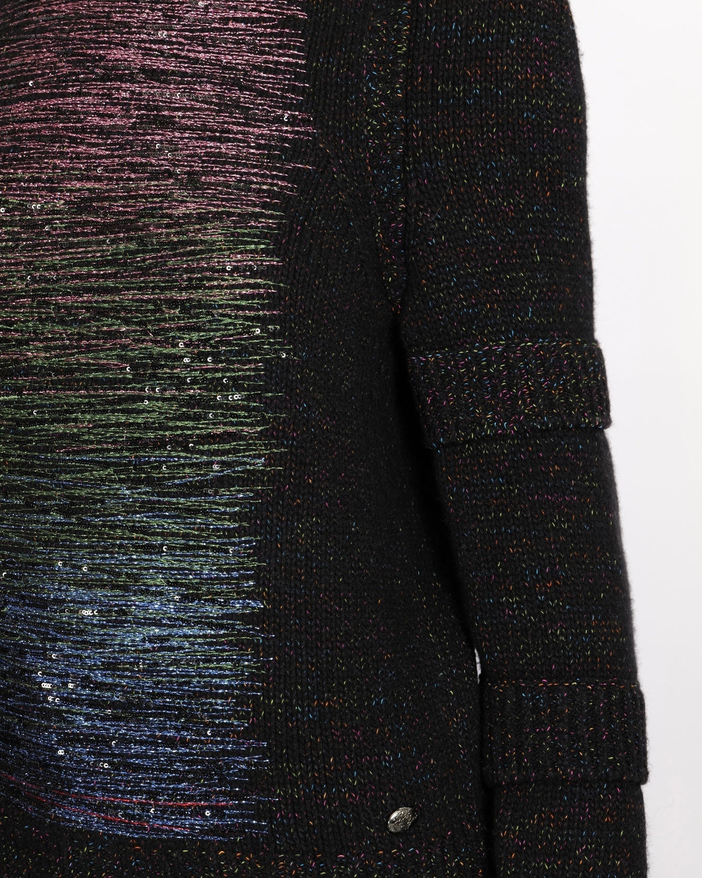 Chanel Fall Black And Multi-Colour Wool Knit Jumper With Metallic And Sequin Embellished Embroidery With Silver Cc Logo Button Detail Size Fr 36 (Uk 8) Bag