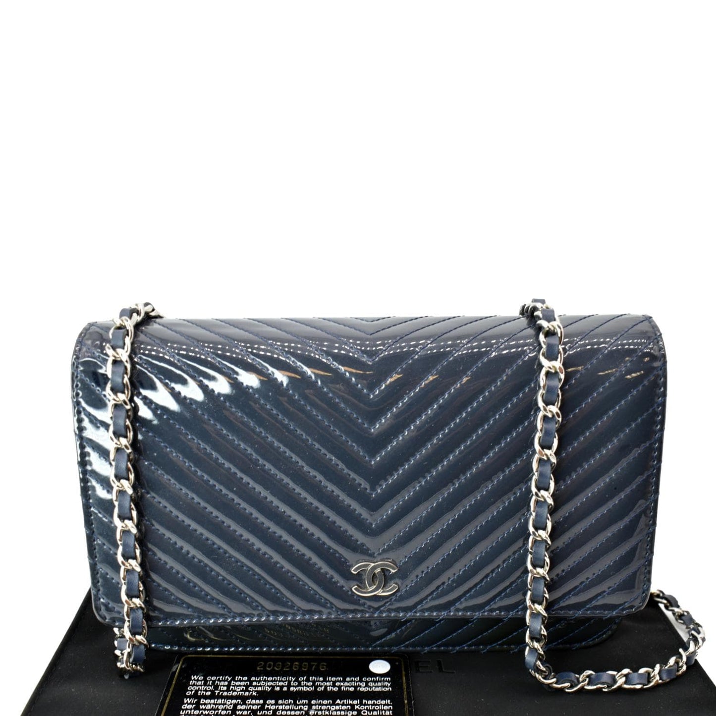 Chanel WOC Chevron Patent On Leather Blue Wallet Case