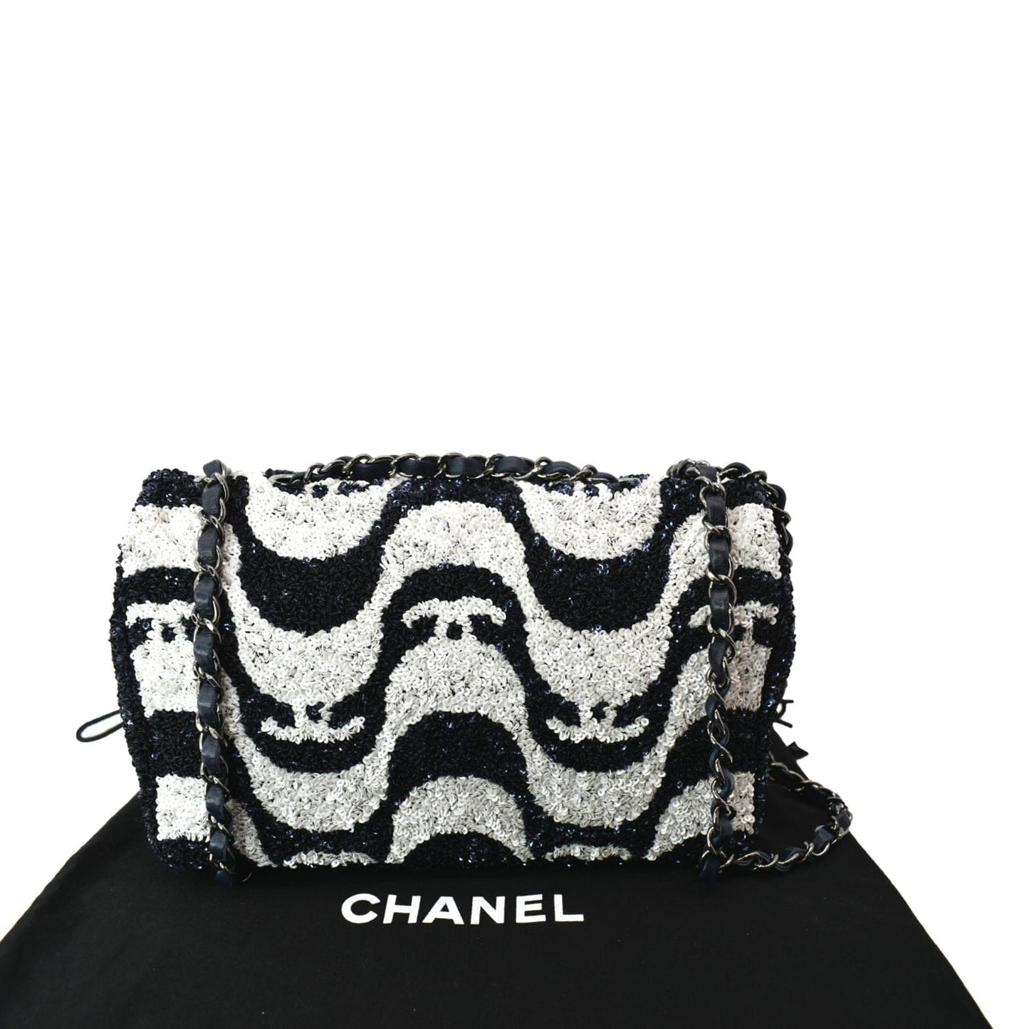 Chanel Classic Flap Sequin Black White Travel Bag