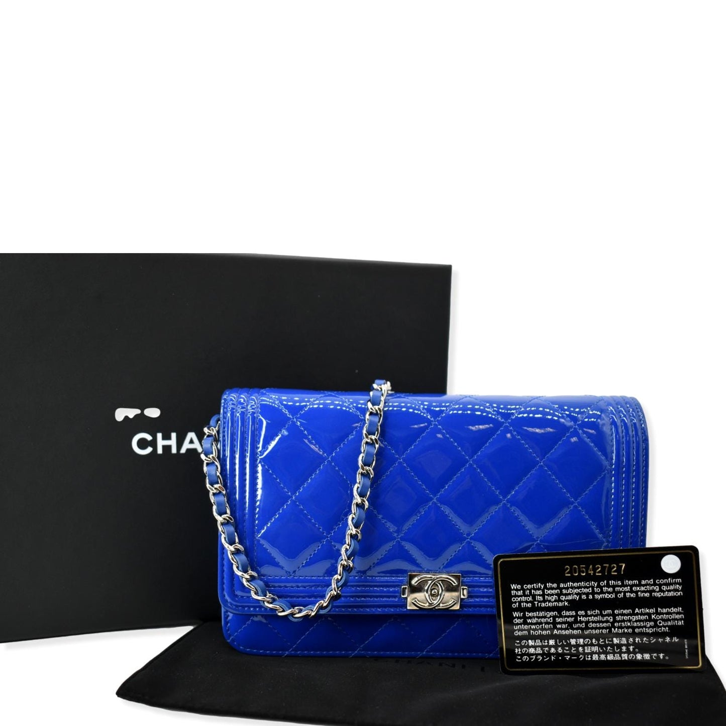 Chanel Boy WOC Patent On Leather Blue Wallet Case