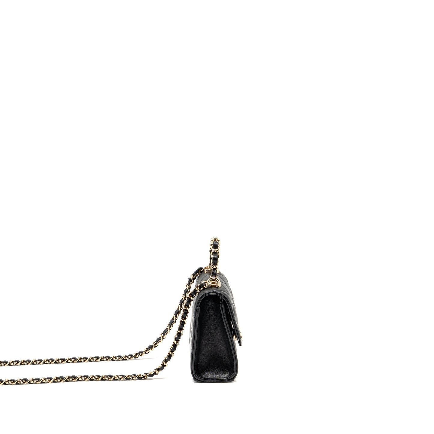 Chanel Detailed Top Handle Lambskin LGHW Microchip Black Clutch Bag