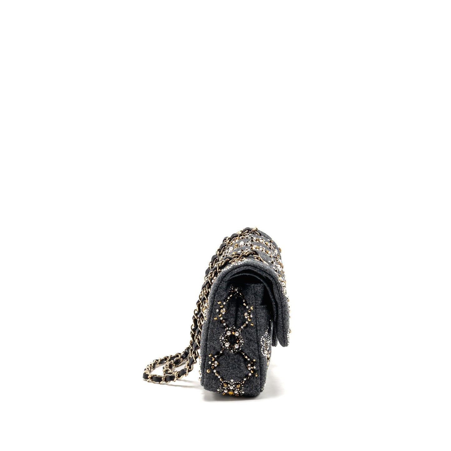 Chanel 21A pearl strass crystal classic double Grey Shoulder Bag