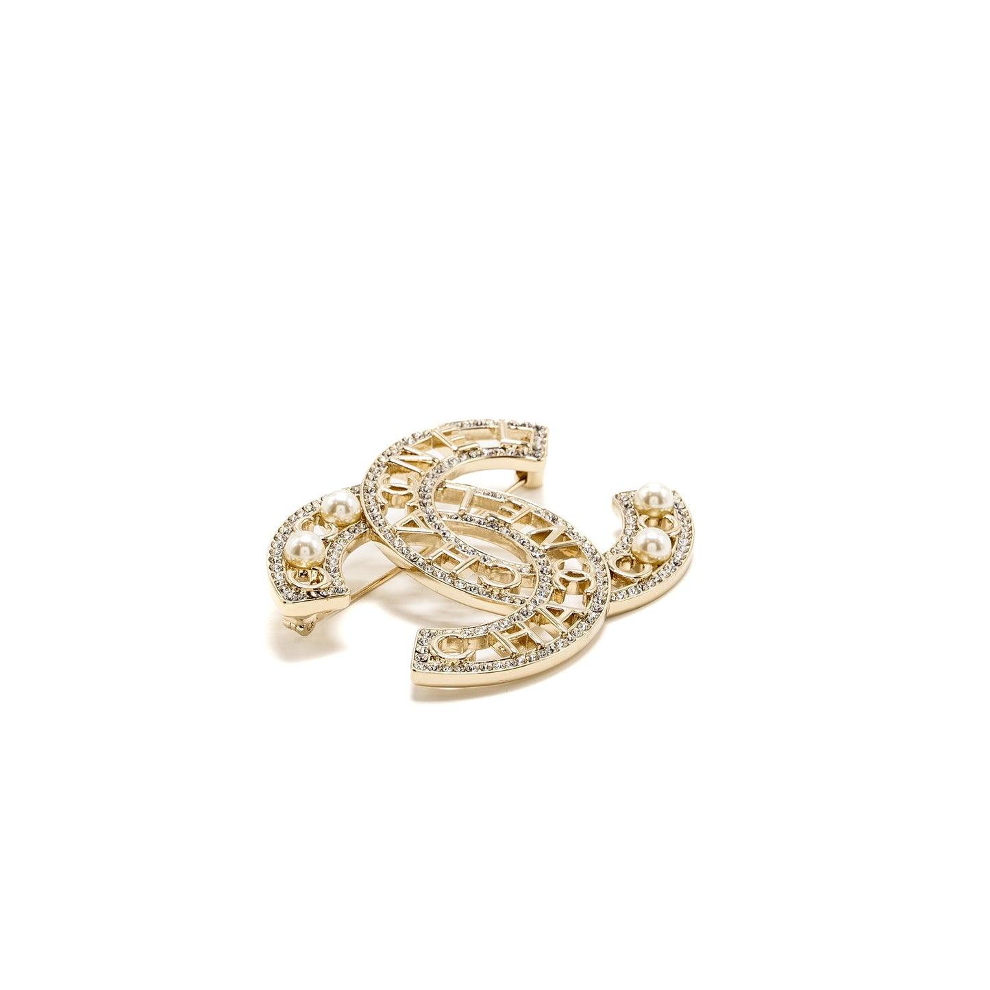 Chanel CC logo Crystal Pearl Brooch Light Gold Handbag