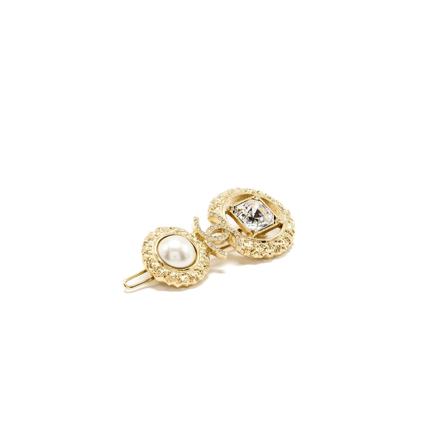Chanel CC Logo Hair Clip Crystal Pearl Gold Handbag