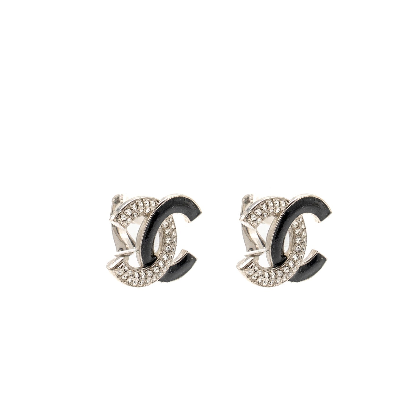 Chanel Crystal Enamel CC Logo Ear Clips Silver Handbag