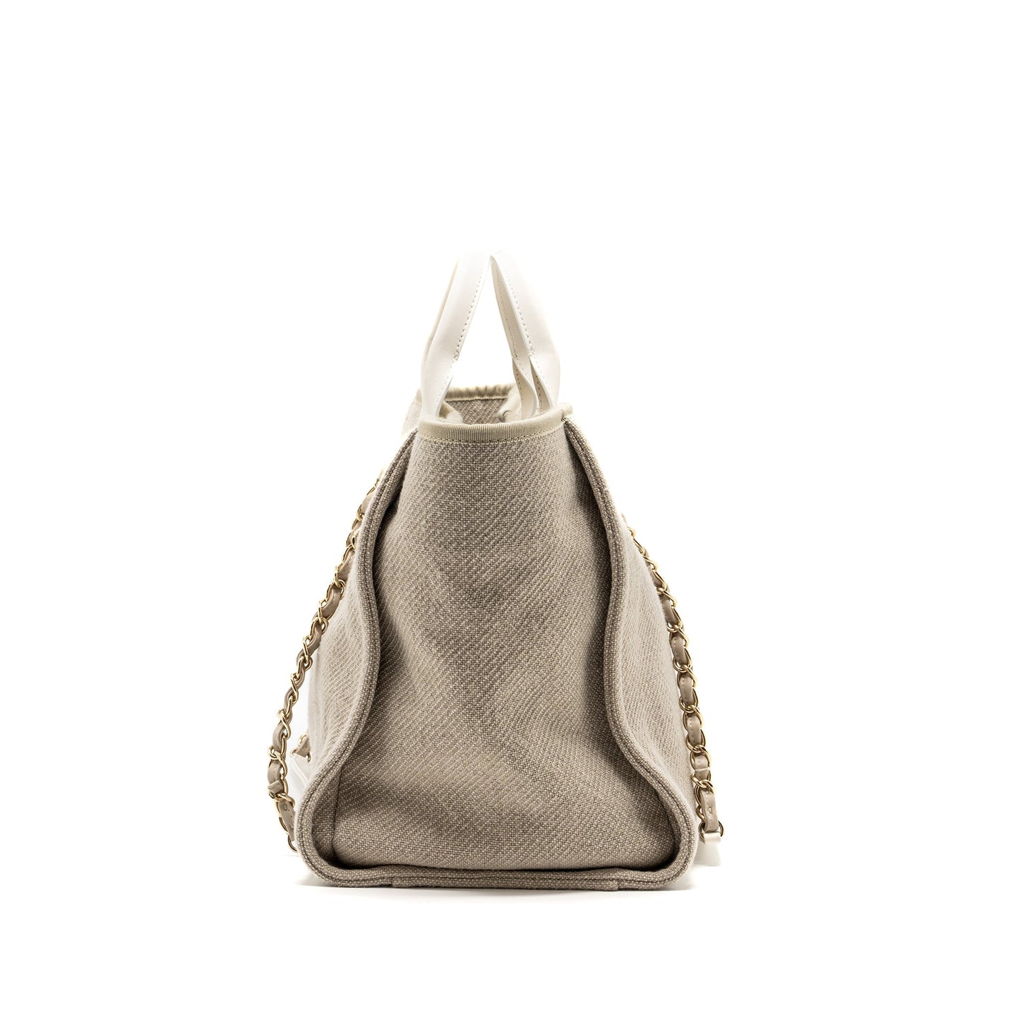 Chanel Deauville GHW microchip White Beige Canvas Leather Handbag