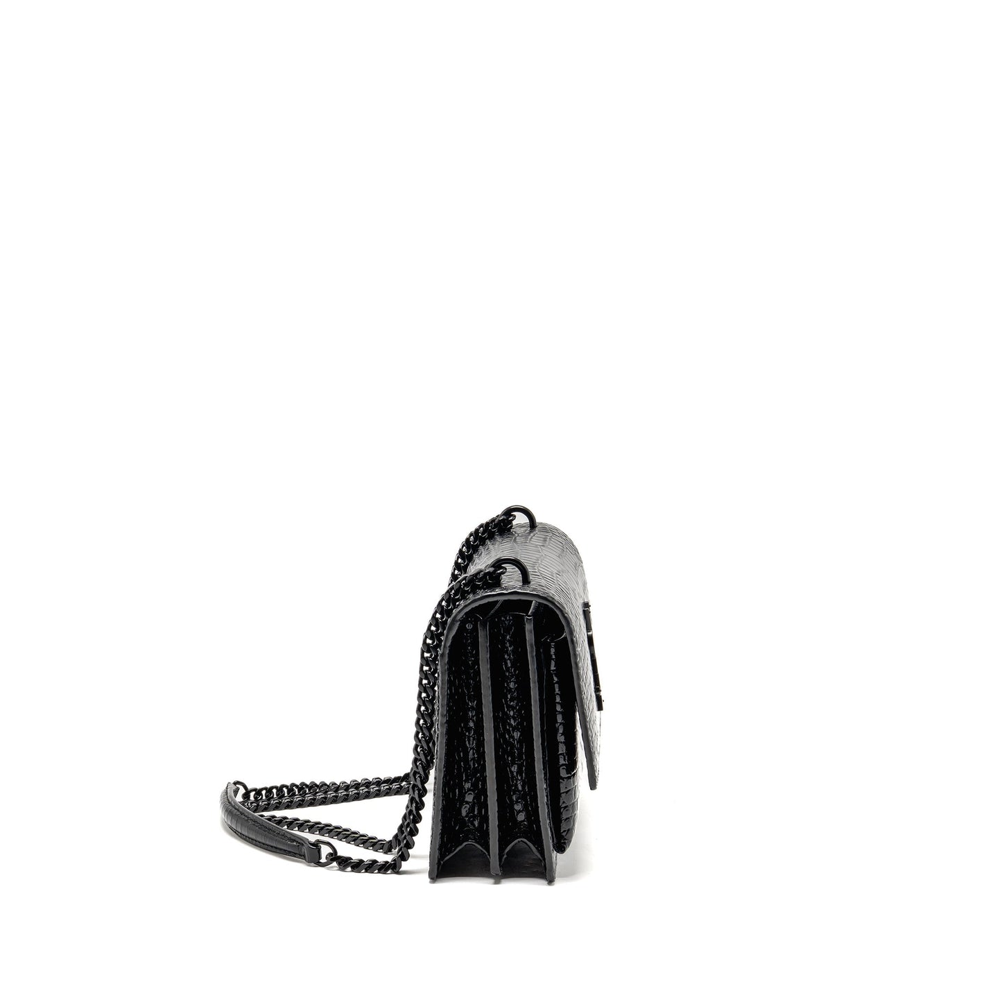 YSL Saint Laurent Sunset Crocodile Calfskin Handbag Black Medium Embossed Travel Bag