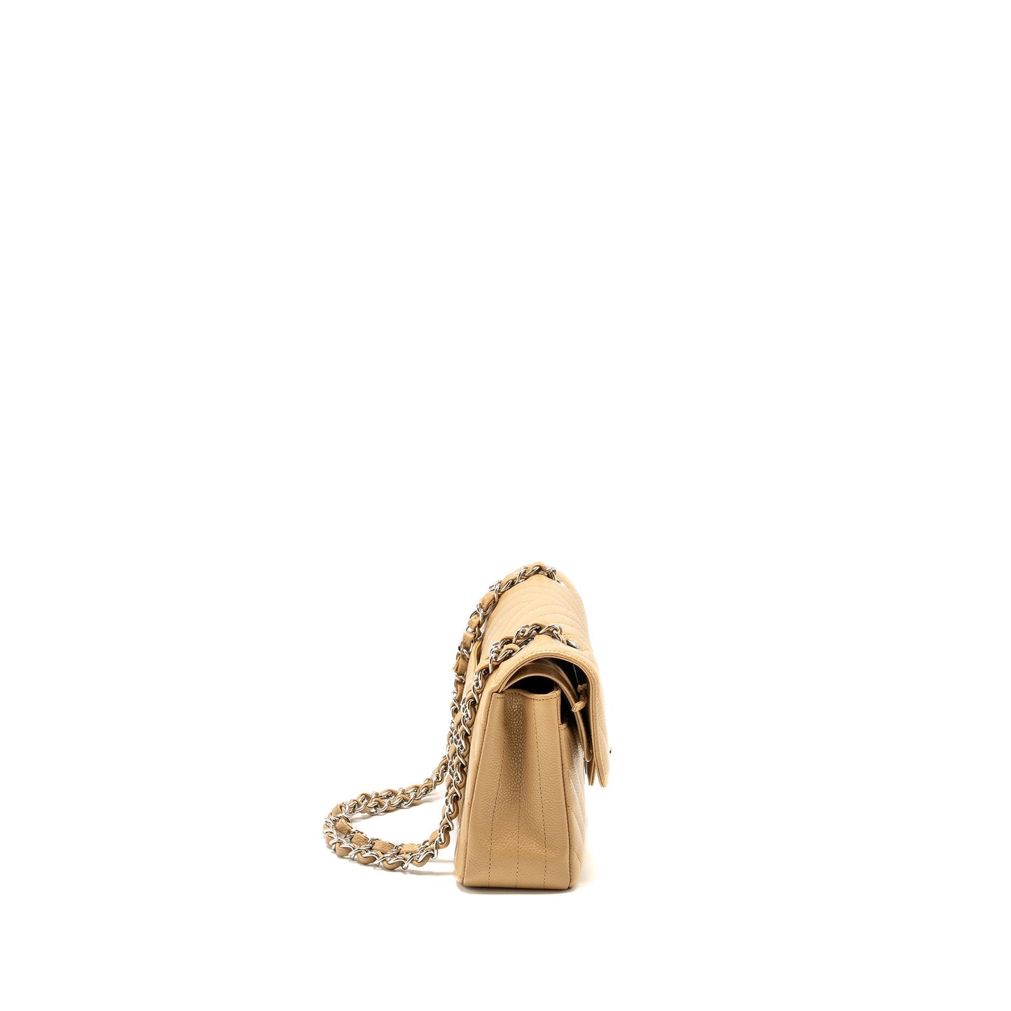 Chanel Classic Double Flap Chevron Caviar SHW Beige Small Shoulder Bag