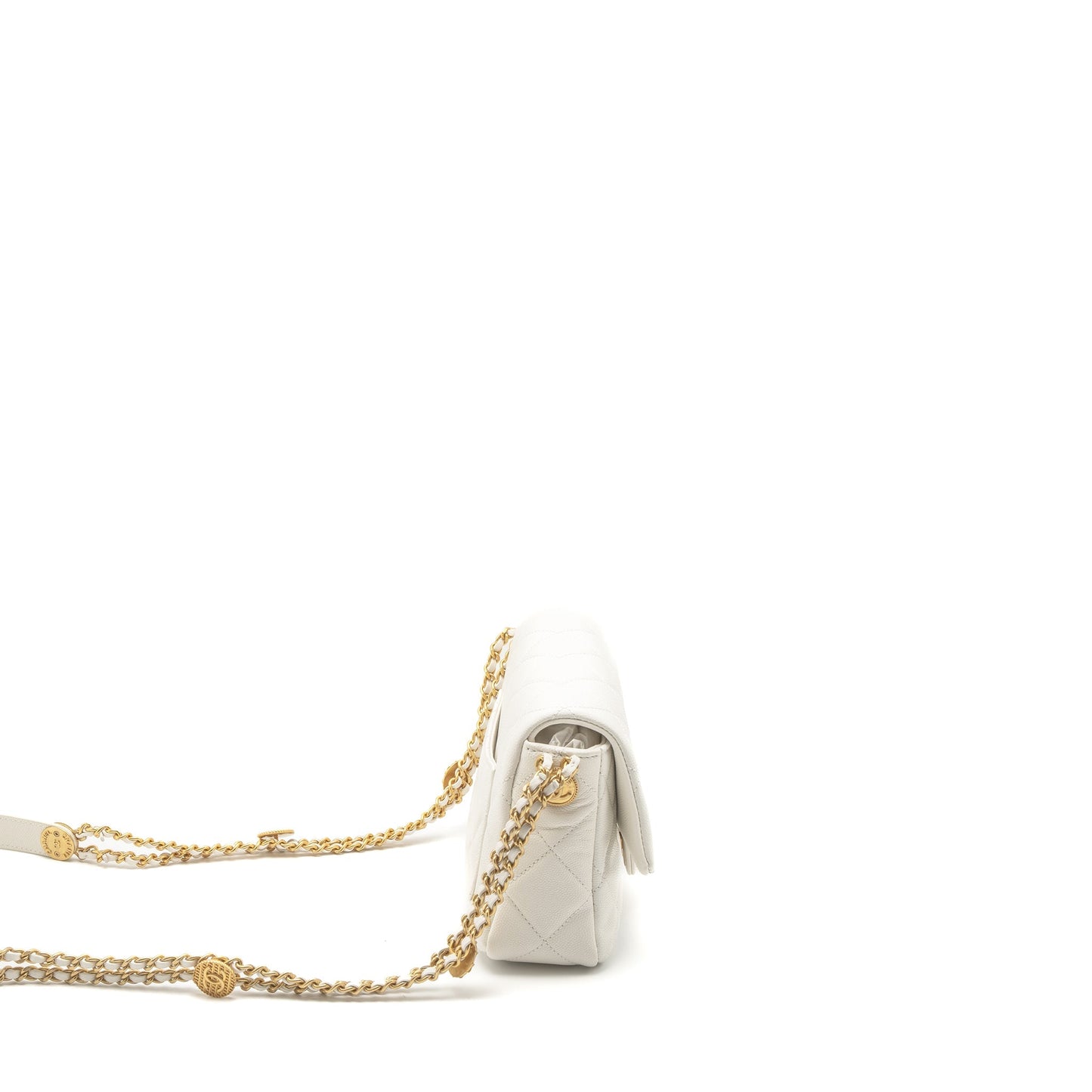 Chanel 22A Flap Button on Caviar Brushed White Small Shoulder Bag