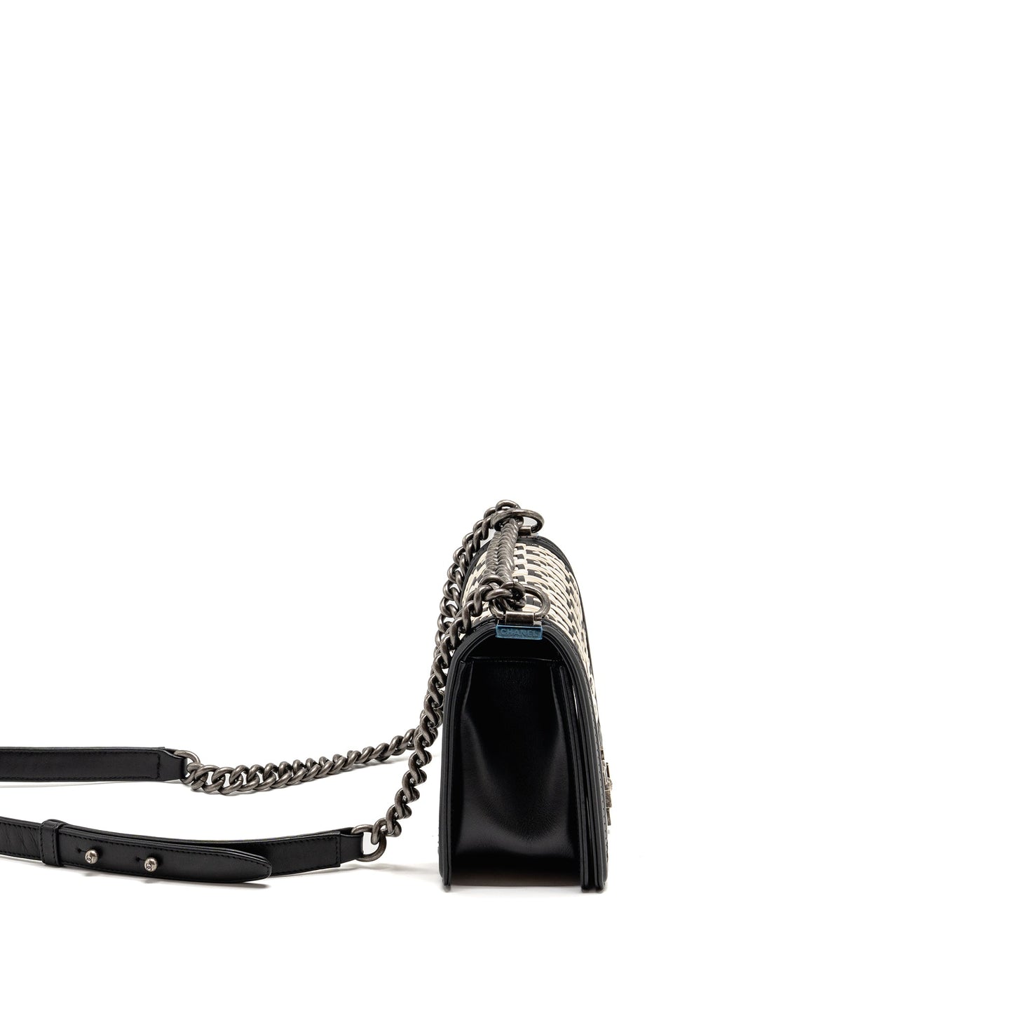 Chanel Boy Woven Ruthenium Hardware Black White Handbag