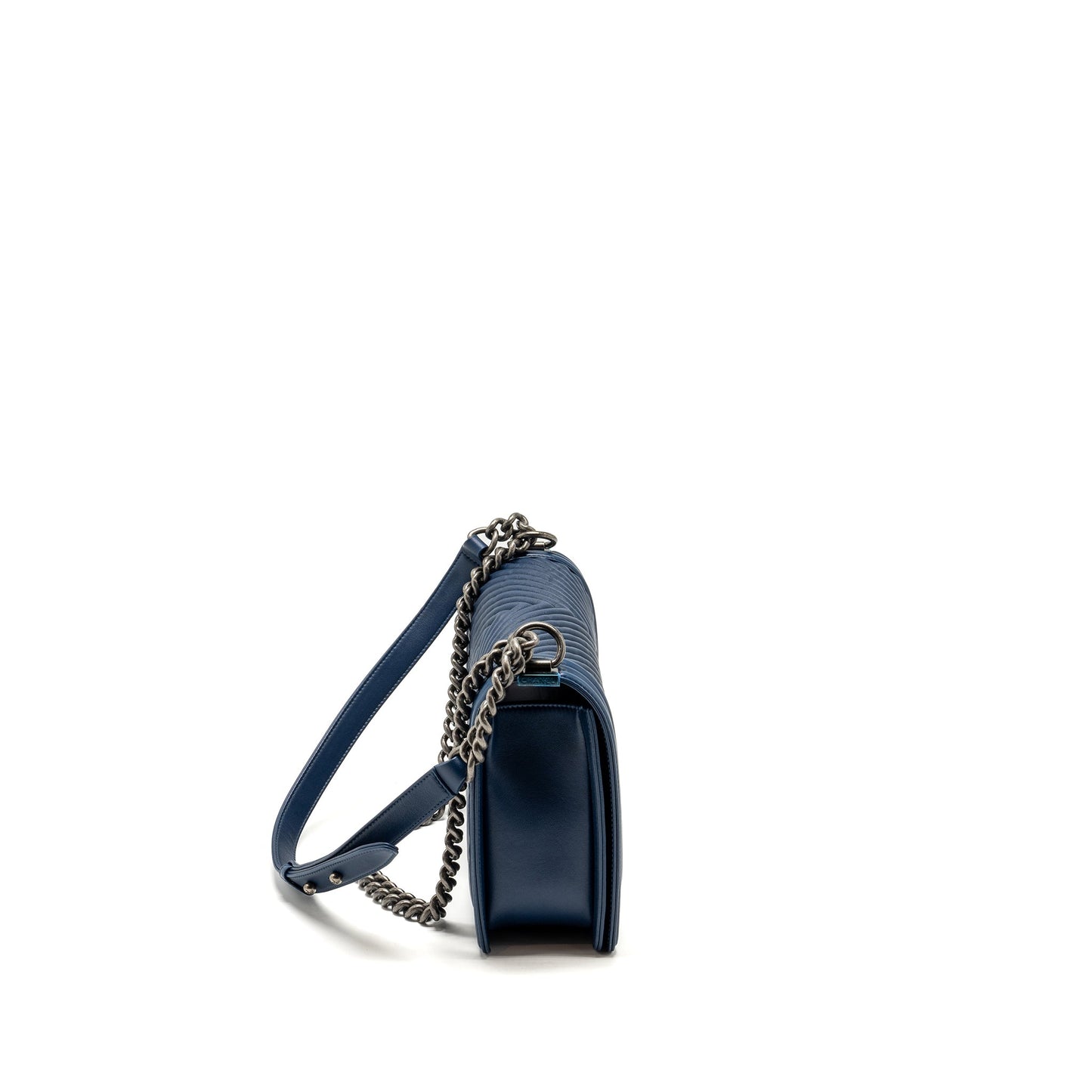 Chanel new boy chevron Lambskin ruthenium SHW Blue Handbag