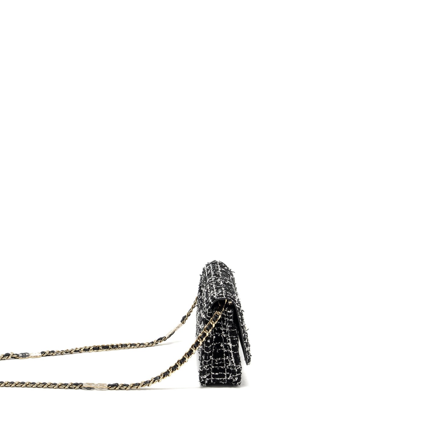 Chanel 24p Detail Chains On Tweed Sequins Black White Wallet Case