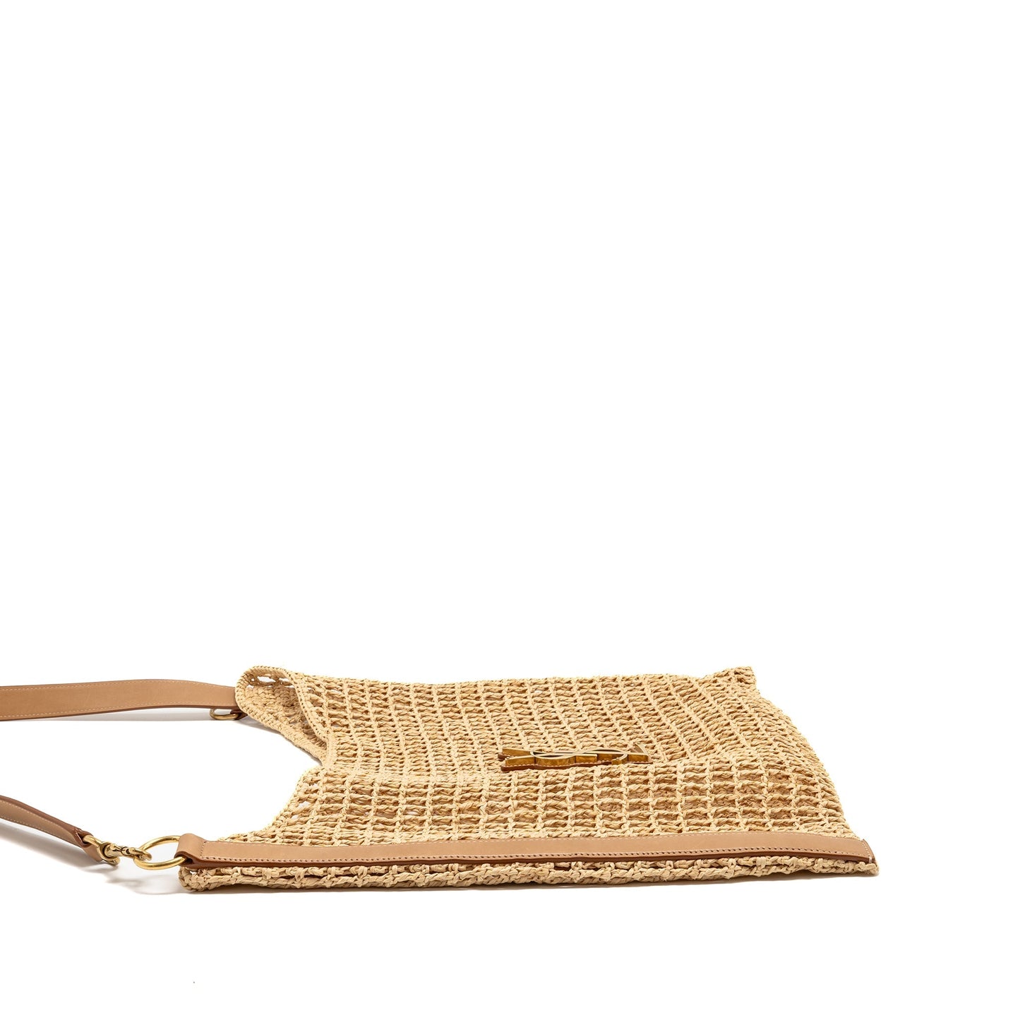 YSL Saint Laurent Oxalis Crochet Purse Riffia Shoulder Bag Leather Beige