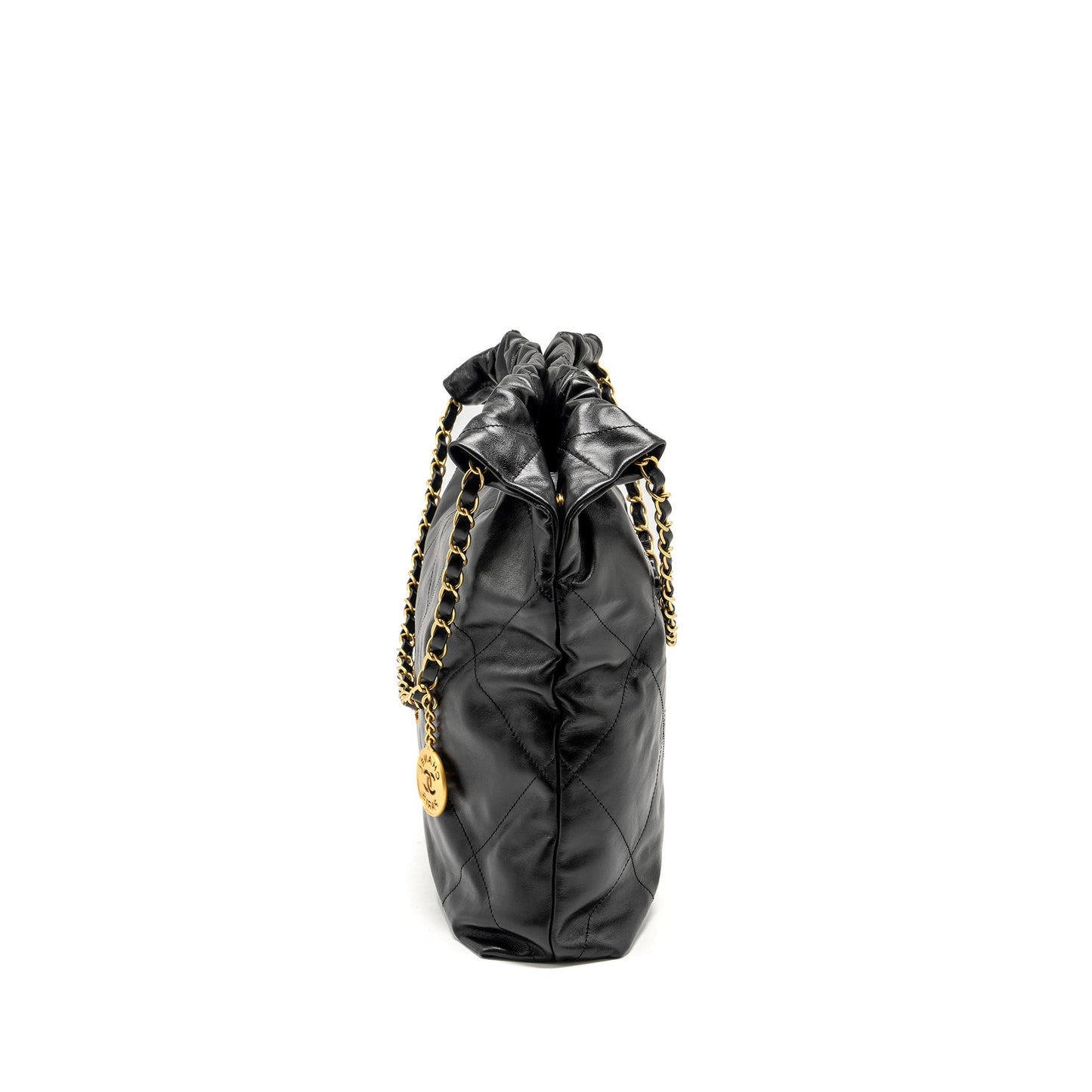 Chanel 22 Letter Shiny Calfskin GHW Microchip Black Gold Handbag