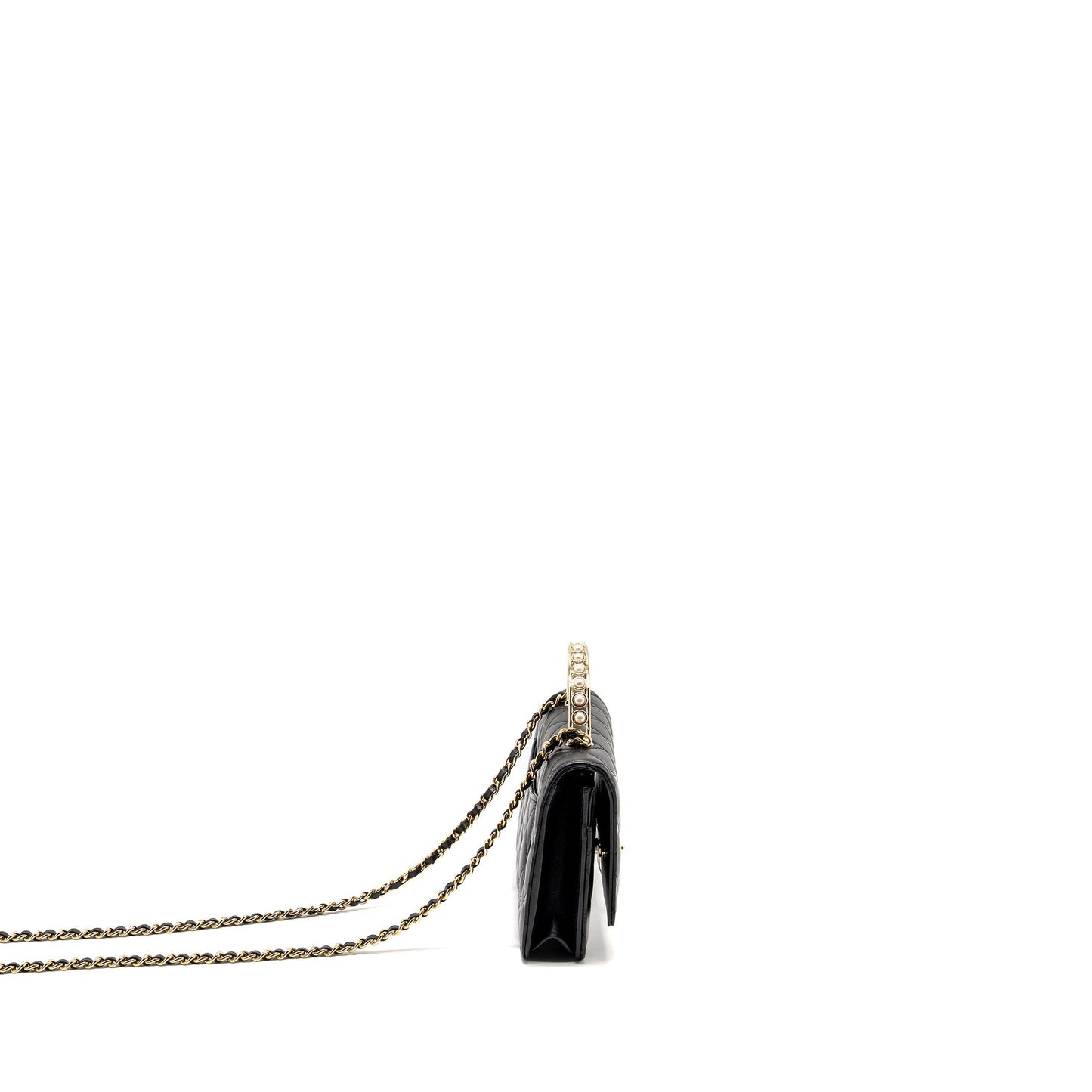 Chanel Pearl Detailed Top Handel On Lambskin Black Wallet Case